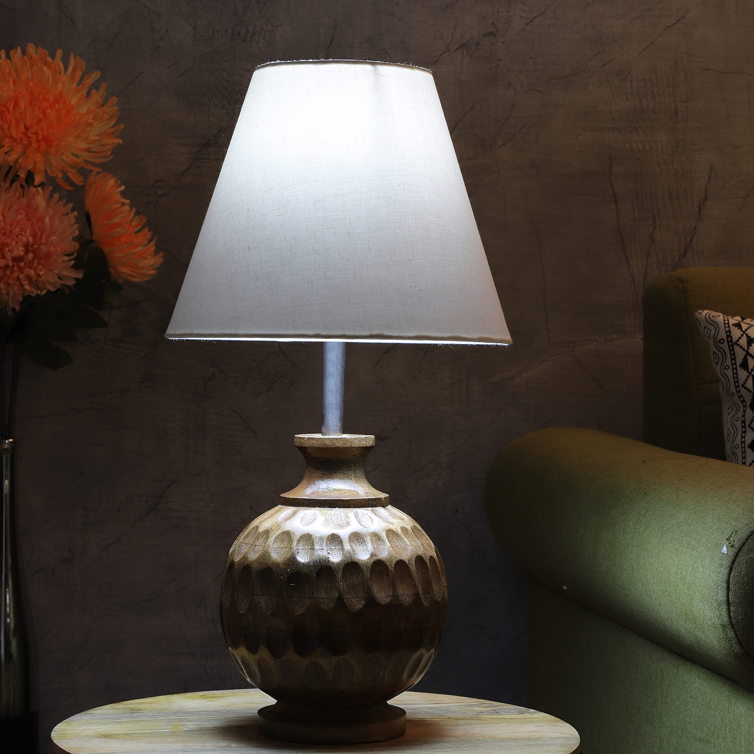 Wooden Matki Table Lamp, Side Table lamp for Bedroom, Night Table lamp for Dinning, Balcony, Office, Hotels & Home Decoration/White Color Conical Shade, (Bulb not Included).