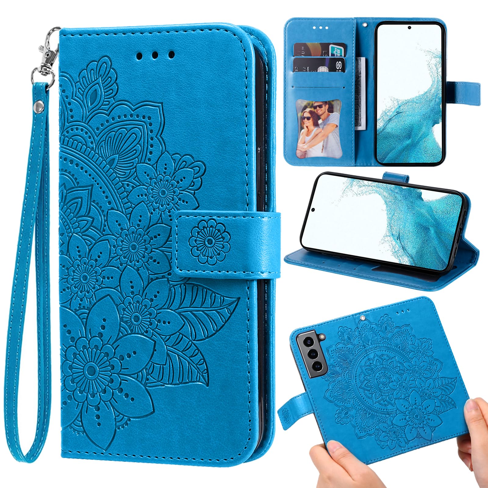 Furill Compatible with Samsung Galaxy S21 Plus 5G Flip Wallet Case with Wrist Strap, Blue, PU Leather, Flower Pattern, Kic...