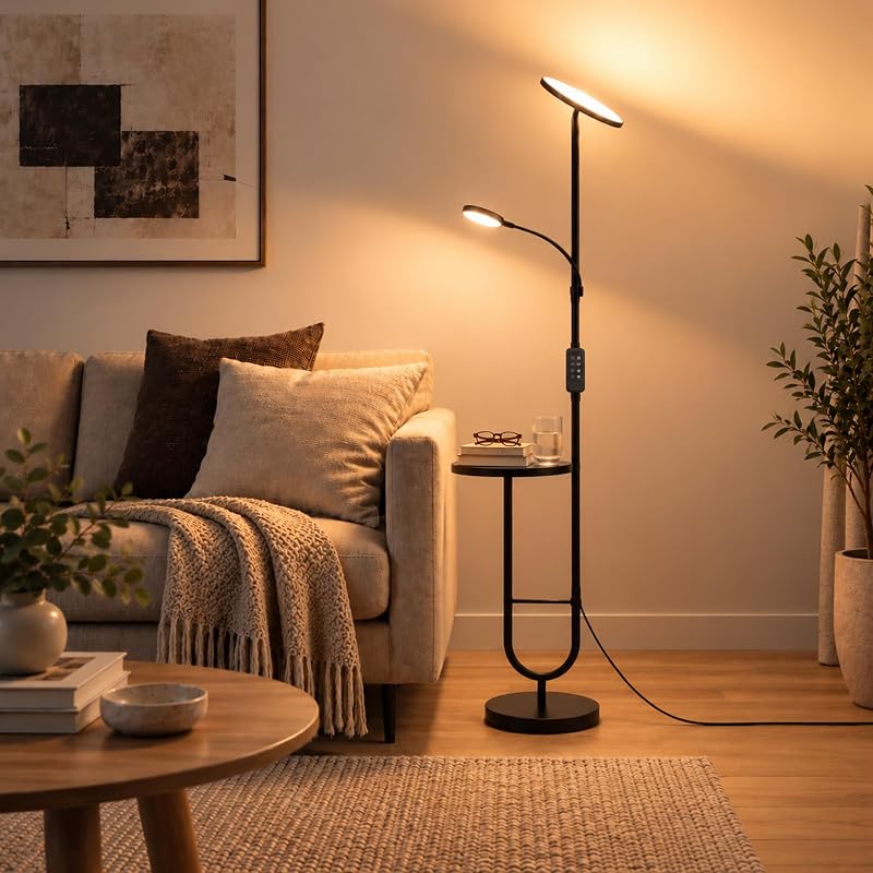 Lampadar LED LuminexDesigns AVEN MF18 pentru sufragerie, cu măsuță și lampă de citit