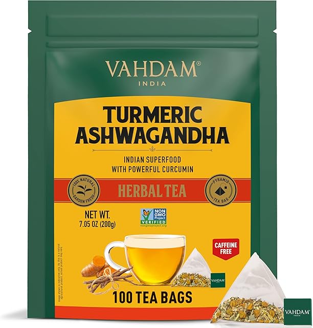 VAHDAM, Turmeric + Ashwagandha SUPERFOOD Herbal Tea (100 Tea Bags) | India's Ancient Wellness Blend of Turmeric & Garden Fresh Spices | Herbal Detox Tea Bags for Immune Support