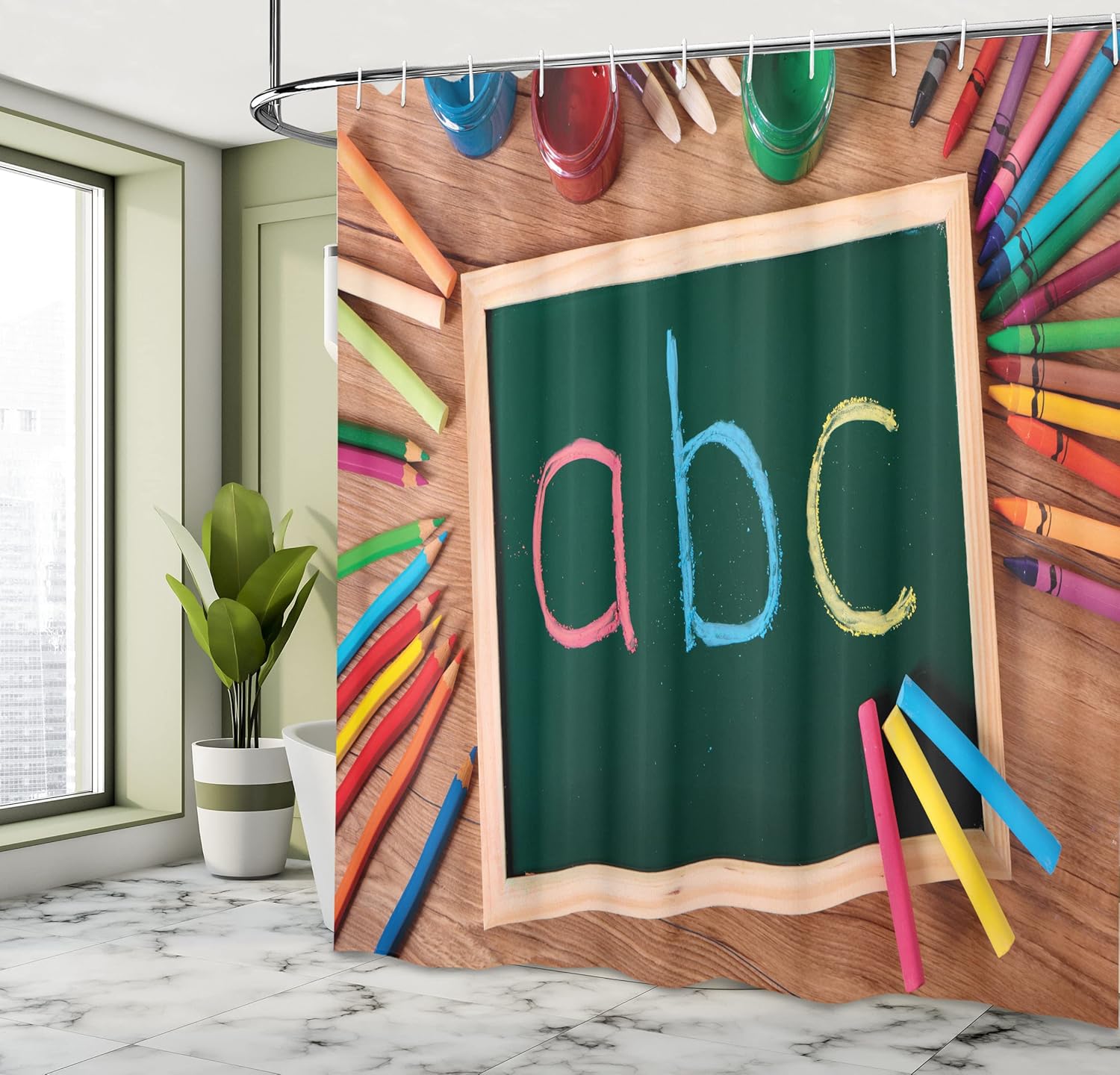 Ambesonne Crayon Shower Curtain, Themed Photo with ABC Lettering on Chalkboard with Painting Crafts Print, Cloth Fabric Bathroom Decor Set with Hooks, 69" W x 70" L, Pastel Brown Emerald