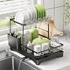 Dish Drying Rack, Dish Racks for Kitchen, 1 Tier or 2 Tiers Large Dish Drainer Organizer with Utensil Holder, Kitchen Counter Organizers and Storage Rack with Drainboard, Screw-Free Mounting Black