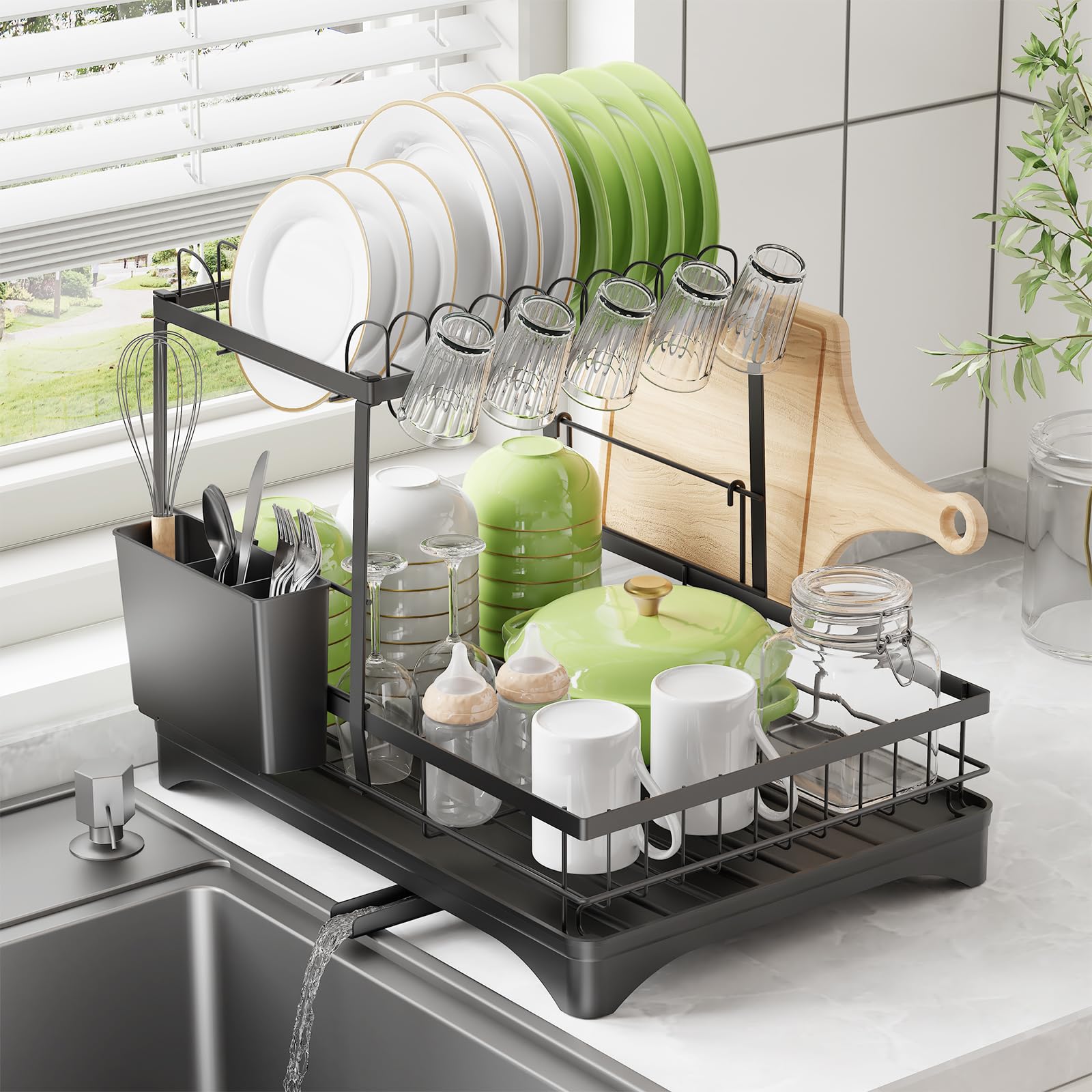 Dish Drying Rack, Dish Racks for Kitchen, 1 Tier or 2 Tiers Large Dish Drainer Organizer with Utensil Holder, Kitchen Counter Organizers and Storage