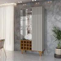 Cristaleira Elba Ripado Real Portas de Vidro Pés de Madeira Maciça 12 Nichos Garrafeiros Off-White/Naturalle