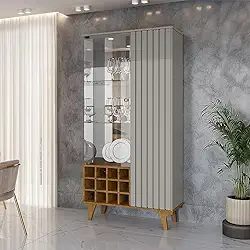 Cristaleira Elba Ripado Real Portas de Vidro Pés de Madeira Maciça 12 Nichos Garrafeiros Off-White/Naturalle