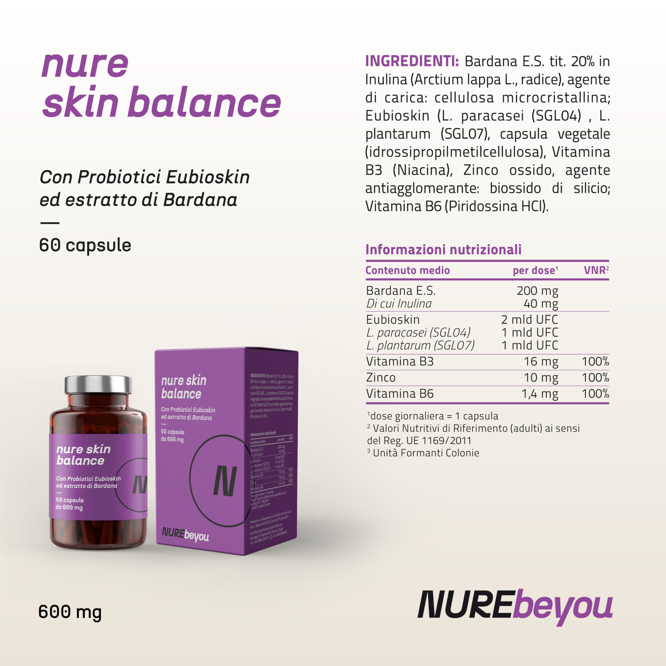 NURE Skin Balance 60 cps da 600 mg | Integratore pelle e acne | contiene zinco, vitamina b3 e b6, estratto di bardana, Eubioskin.
