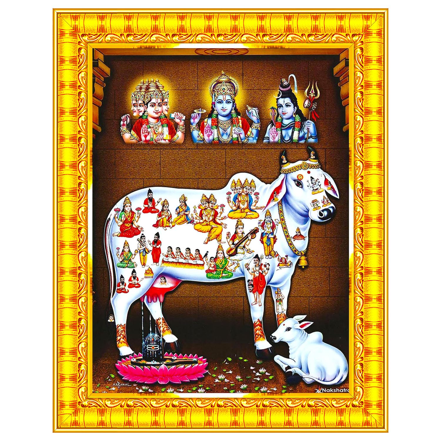 Pavan Photo Laminations Gomatha Gomata Komatha Cow and Calf Kamdhenu Wall Painting Framed Home Decor (Wood,Matte,Gold,Small Size,6 x 8 Inch) R854S
