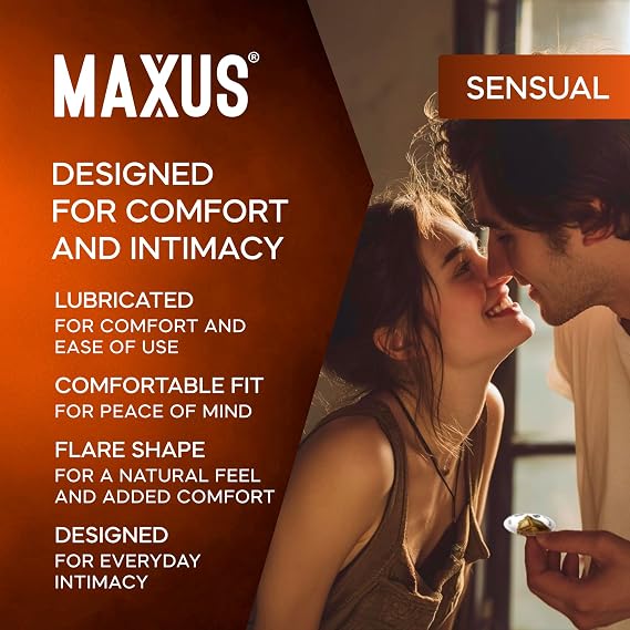 MAXUS Sensual, 15 Flared Lubricated Condoms for Men, Comfortable 56mm Fit, Natural Latex, Easy-On Shape, Premium Quality, Includes Stylish Metal Case (Pack of 15)