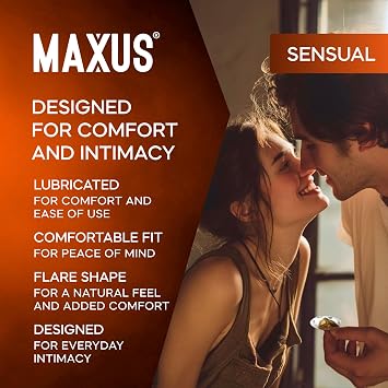 MAXUS Sensual, 15 Flared Lubricated Condoms for Men, Comfortable 56mm Fit, Natural Latex, Easy-On Shape, Premium Quality, Includes Stylish Metal Case (Pack of 15)