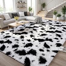 Fluffy Black White Rugs for Bedroom Living Room, 3x5 Feet Soft Plush Shaggy Cow Hide Print Girls Boys Kids Rug, Non-Slip and Machine Washable Carpet for Dorm Nursery Classroom Decor