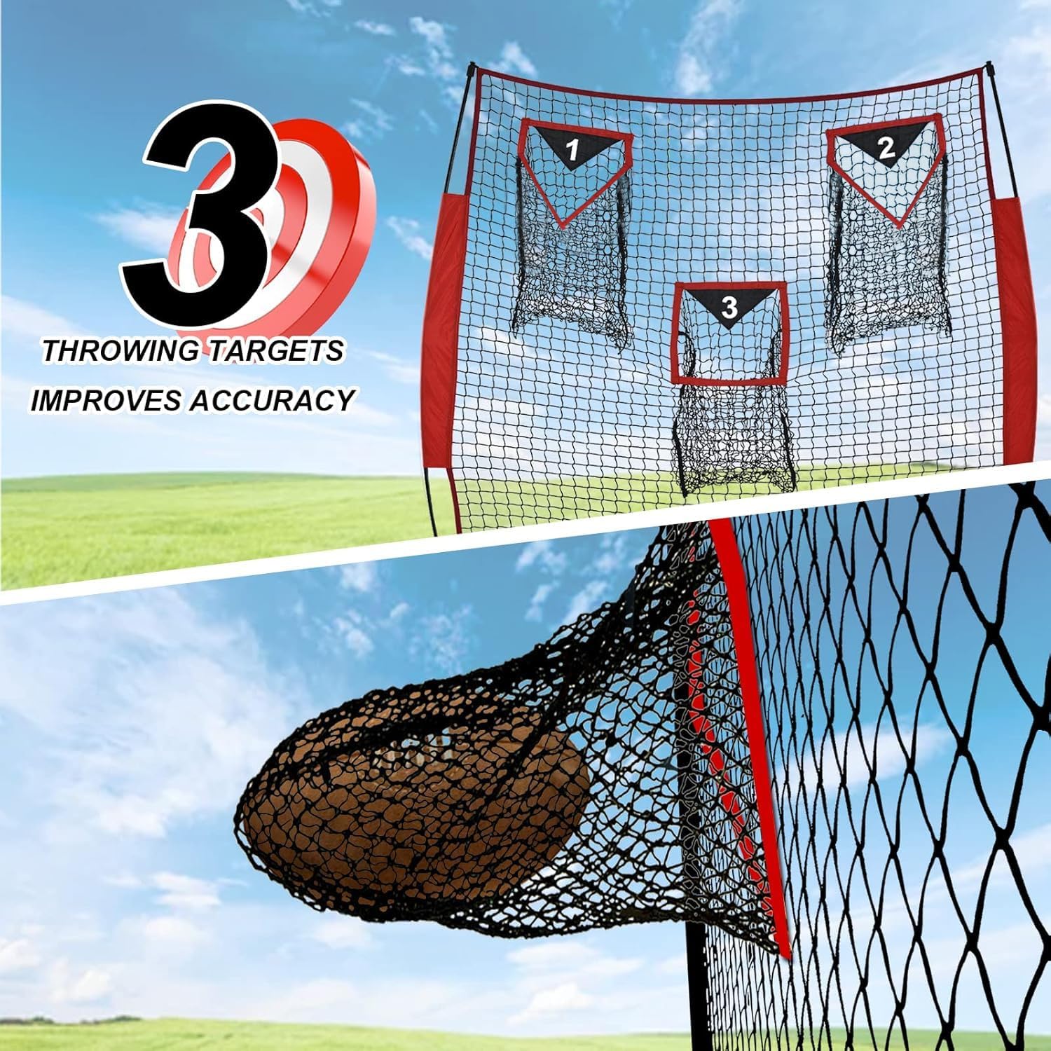 Football Throwing Net - Heavy-Duty Portable Nylon Net with 3 Target Pockets - 6x6FT Football Goal Practice - Youth Quarterback Training Field & Home Backyard