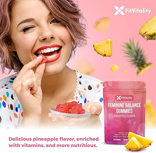 Miniatura 4 de Premium 120 Gomitas para Equilibrio Femenino  Probióticos, Colágeno Tipo II, Agracejo, Vitamina D y Magnesio  Sin Gluten, Sabor Piña, Veganas
