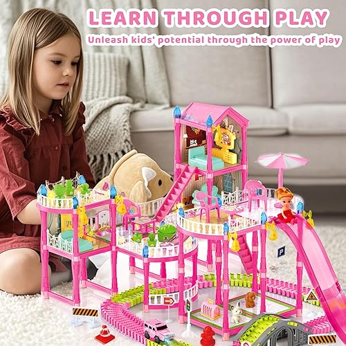 Miniatura 6 de Casa de muñecas con luces y set de juguete de coche de pista, casa de muñecas de princesa para niñas, 3 muñecas, mascotas, coche, muebles