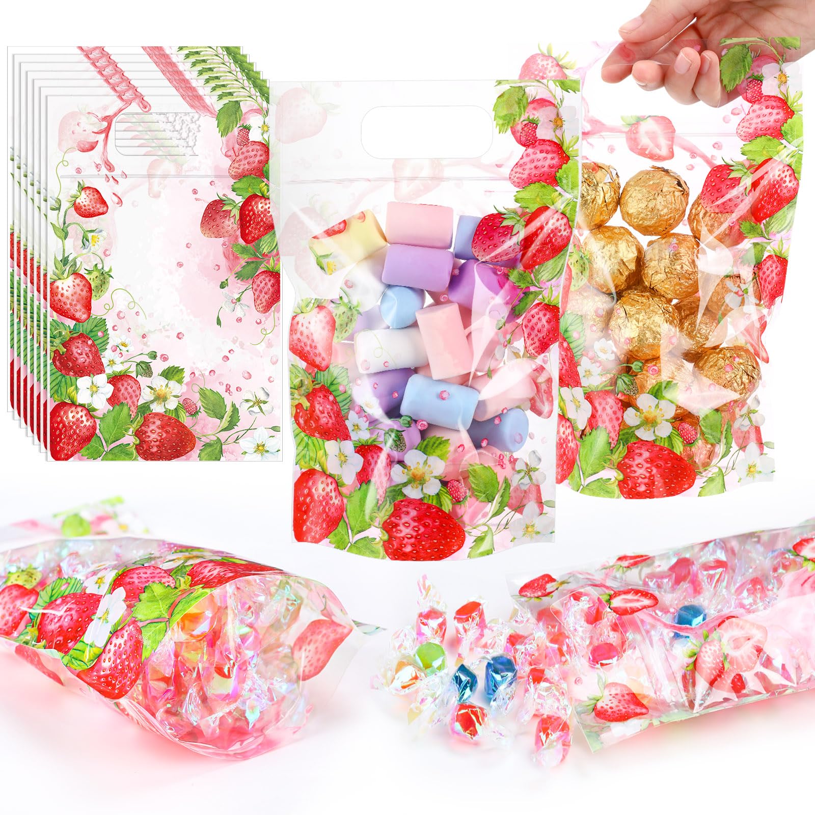 Fuutreo 50 Pcs Strawberry Gift Bags Fruit Clear Sealing Pouches with Handles Resealable Berry First Birthday Plastic Bag for Sweet Summer Theme