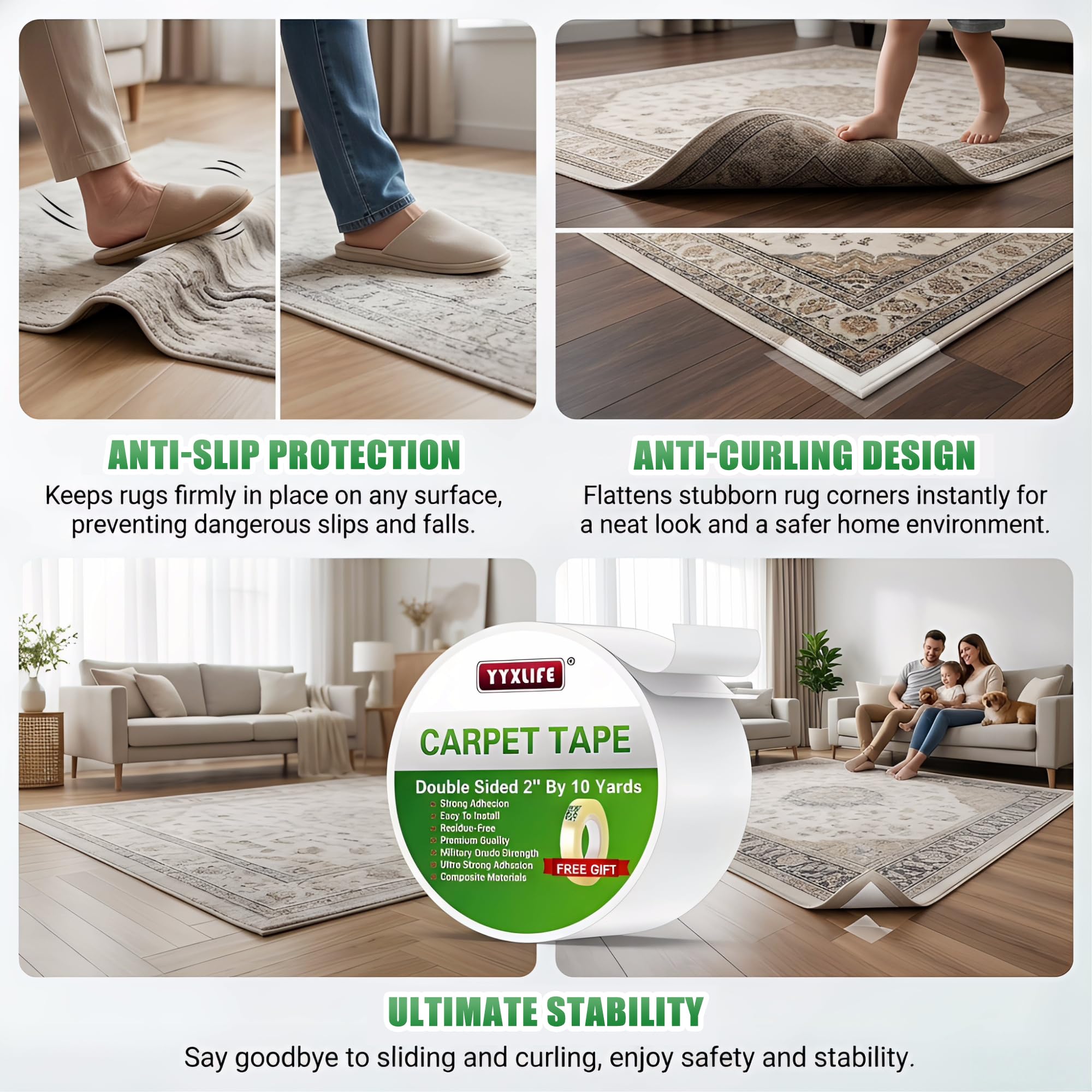 YYXLIFE Rug Ruban adhésif double face pour tapis en extérieur et tapis adhésif amovible et multifonction Blanc (2 Inch x 10 Yards)