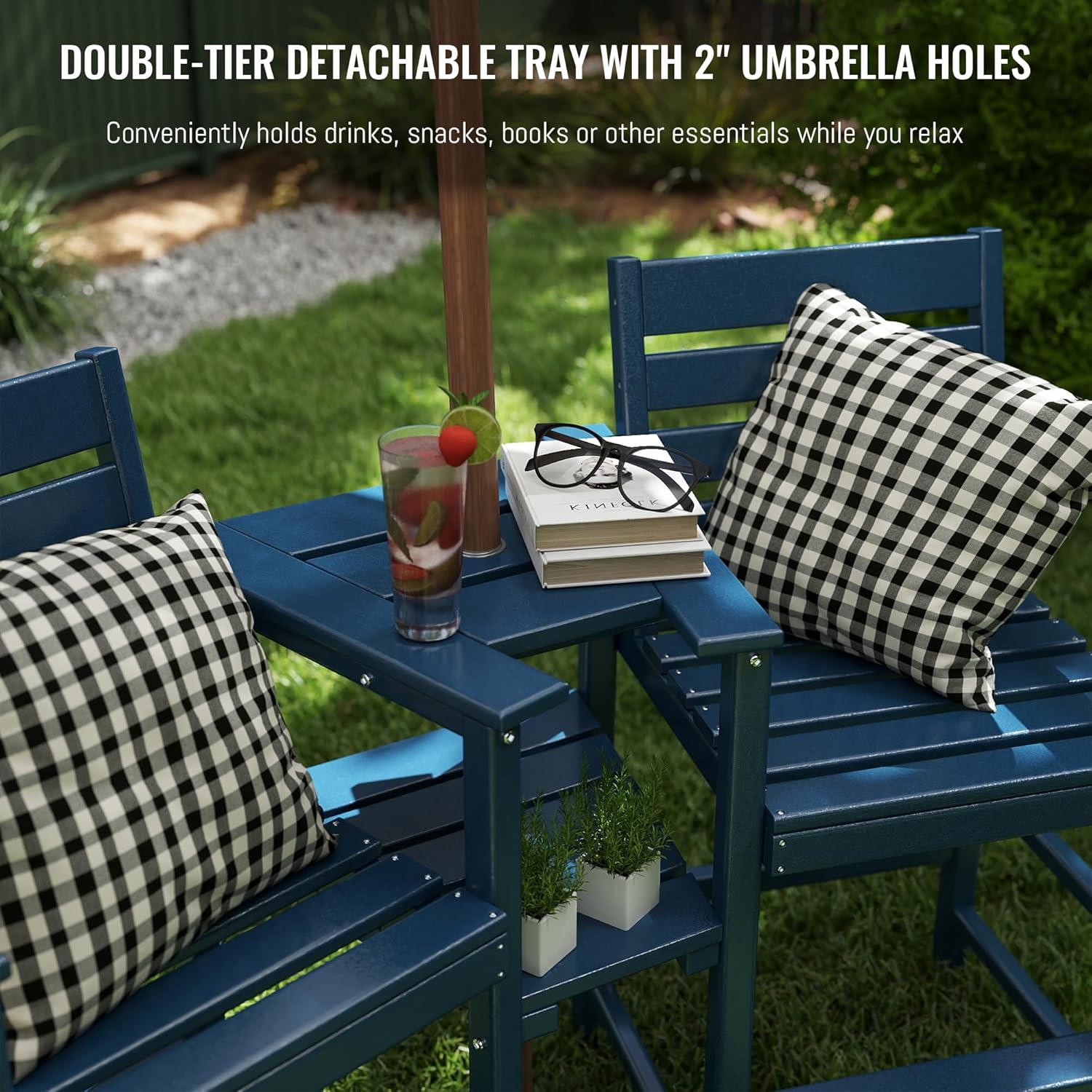 Tall Adirondack Chair Set of 2 ,HDPE Adirondack Bar Stools with Removable Connecting Trays ,Weather Resistant Balcony Chair,Outdoor Adirondack Bar Chairs for Patio,Pool,Garden, Backyard Navy Blue