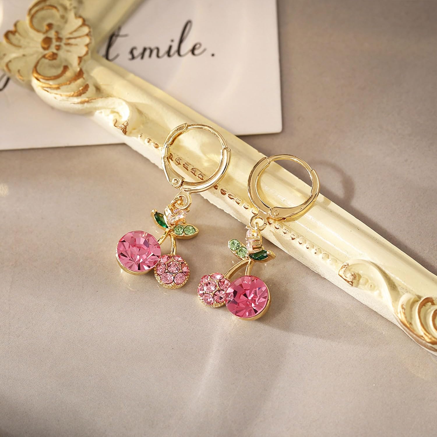 Trendy Cherry Earrings Pink Rhinestone Fruit Earrings Gold Plated Cherry Accessories for Women Hypoallergenic Non Tarnish - Image 2