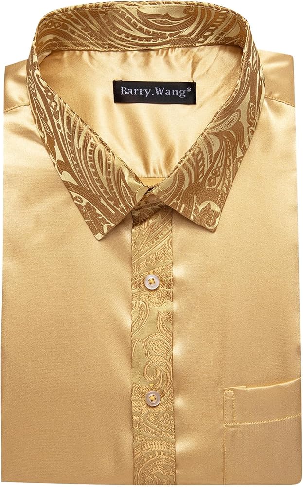 Amazon.com: Barry.Wang Gold Men Satin Silk Shirt Long Sleeve Designer Dress  Shirt Shiny Untucked Casual Button Down Shirt Party Disco Formal :  Clothing, Shoes & Jewelry