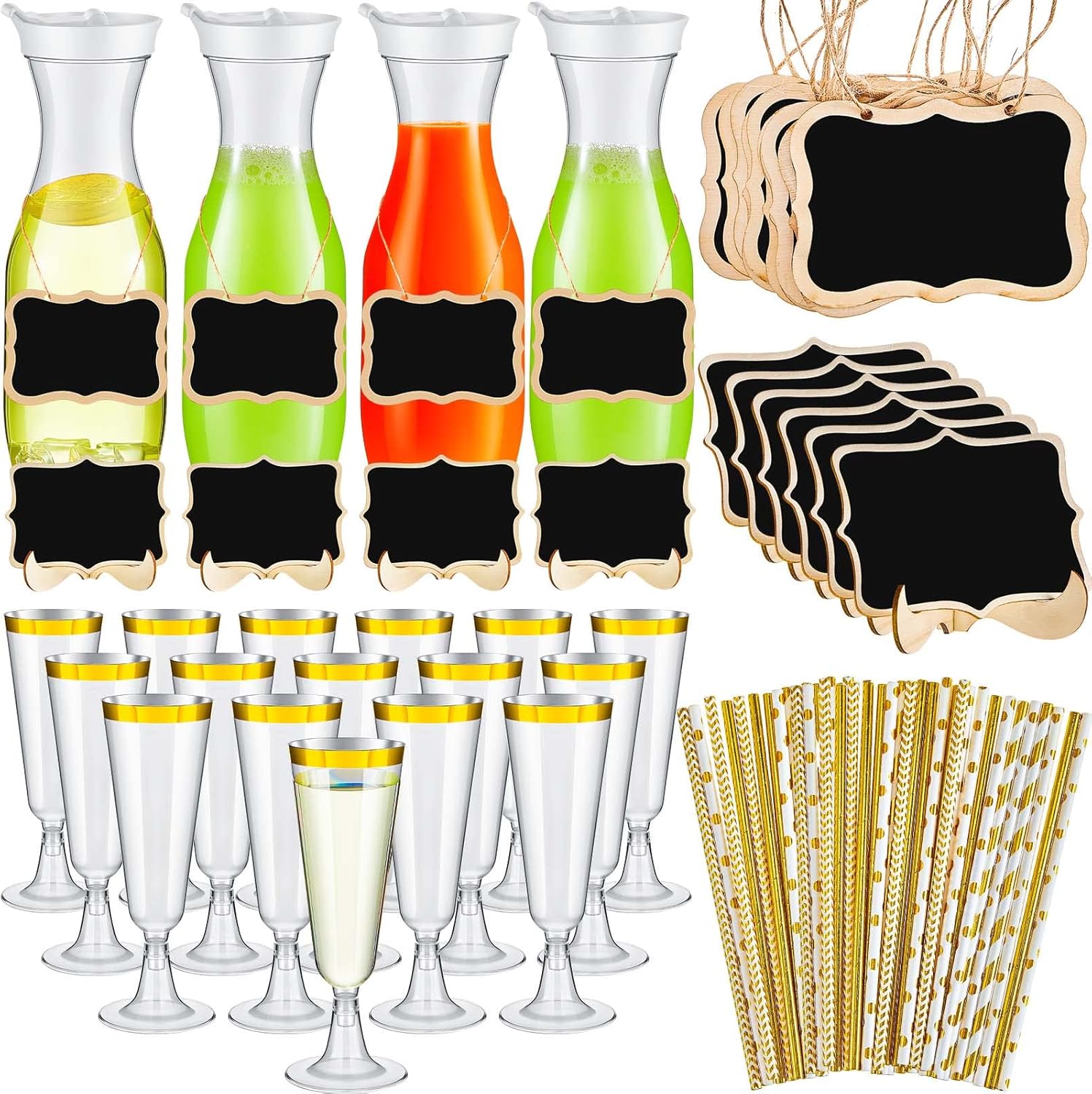 Didaey 74 Pcs Mimosa Bar Supplies: 34oz Plastic Carafes with Lids, Gold Rim Flutes, Straws & Chalkboard Tags for Parties