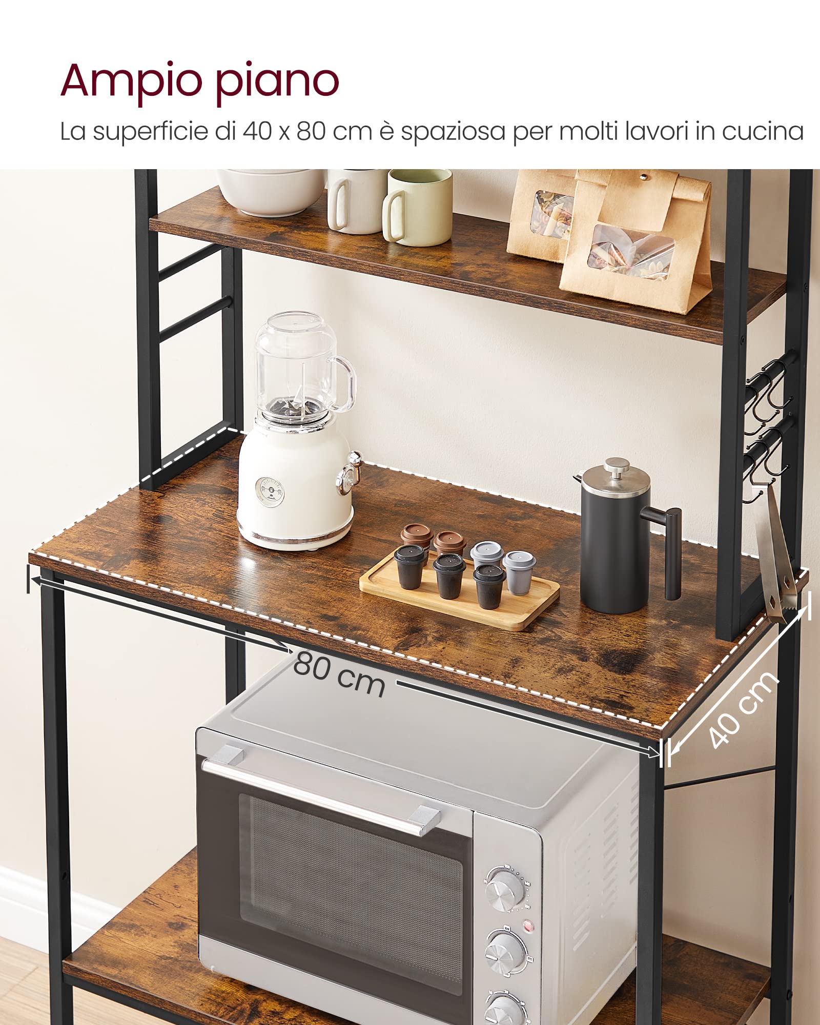 Scaffale Da Cucina Industriale 3 Ripiani Con Armadietto - Marrone E Nero, Multiuso Per Casa - Foto 6