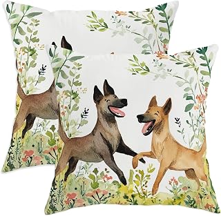 Spring Belgian Malinois Dog Throw Pillow Covers 16x16 Set of 2, Soft Cute Floral Flowers Pillow Cases Kit with Zipper, Pet Velvet Home Decor for Couch Sofa Living Room Bed