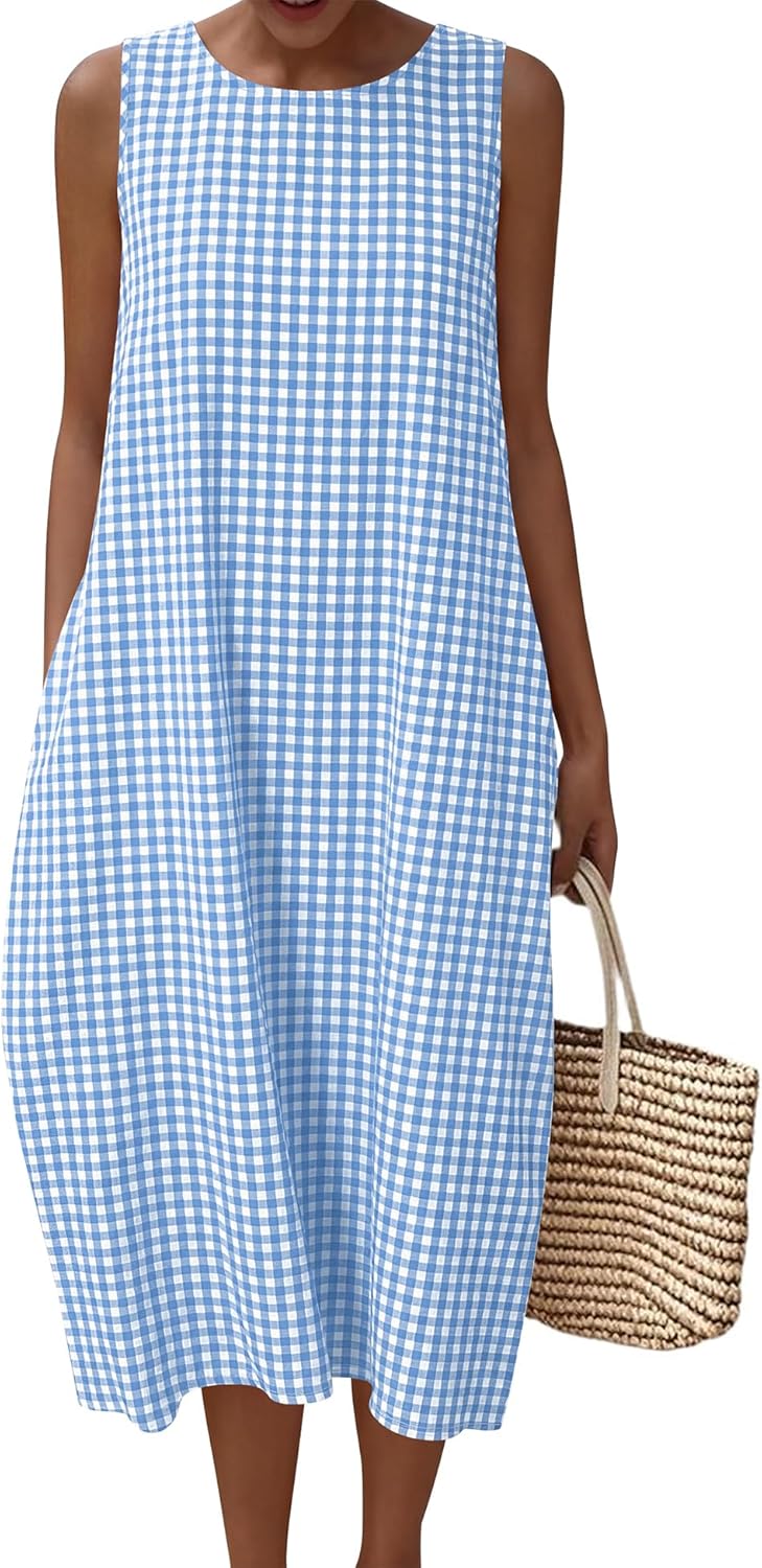 LOMON Summer Dresses for Women Cotton Casual Maxi Dress Beach Vacation Long Sundresses Plaid Striped with LOMON Summer Dresses for Women Cotton Casual Maxi Dress Beach Vacation Long Sundresses Plaid Striped with