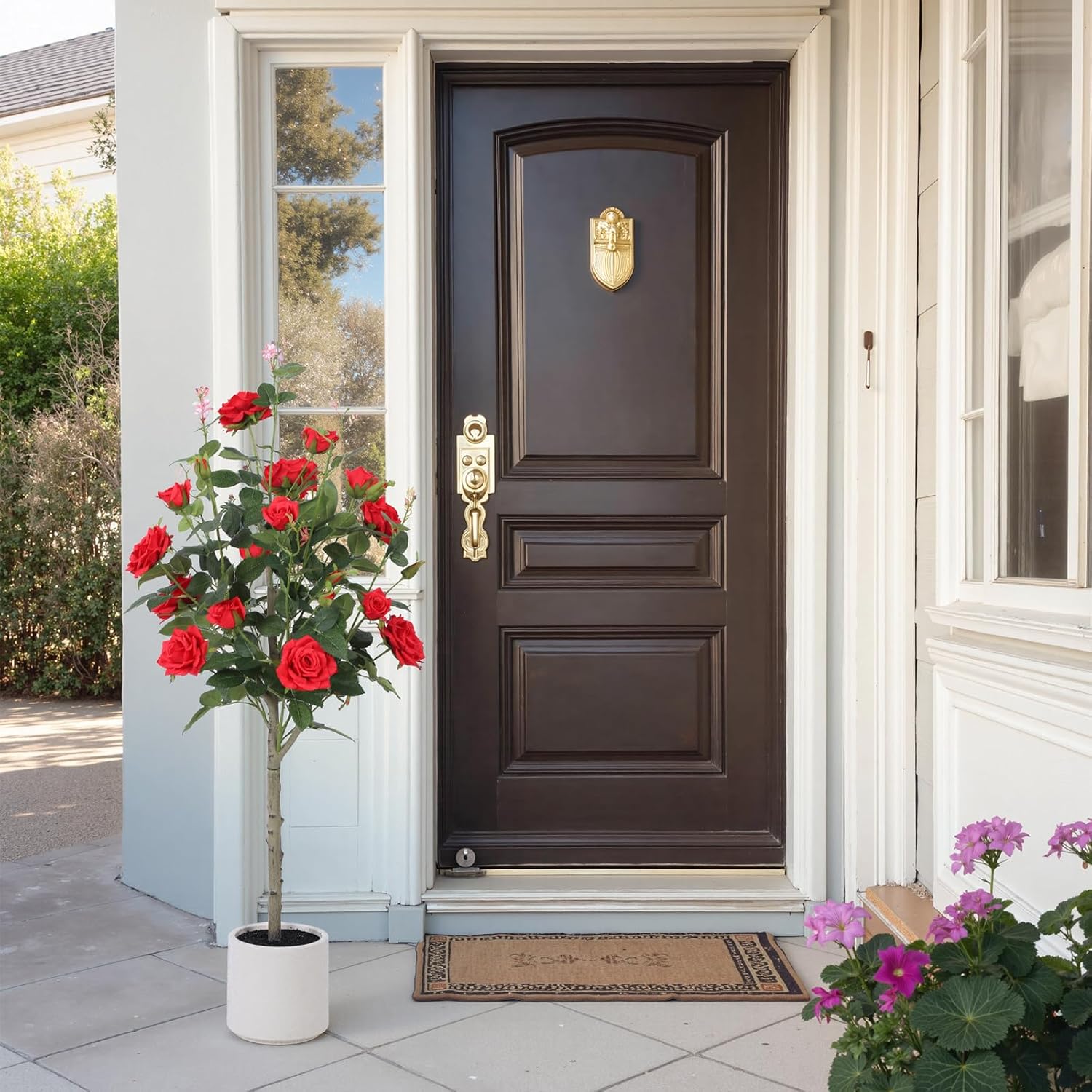 47 inch Artificial Rose Tree with Decorative White Planter,224 Leaves and 24 Blooming Outdoor Fake Flower Trees,Faux Plants for Indoor Home Front Door Decor