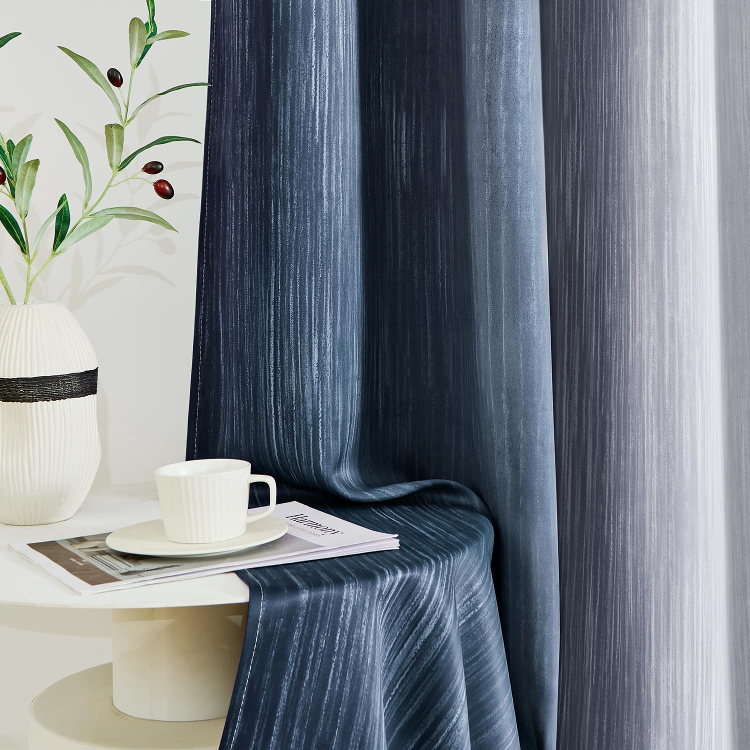 MIULEE Ombre 100% Blackout Curtains, Navy Blue and Greyish White Full Room Darkening Thermal Insulated 84 Inches Long Drapes for Bedroom/Living Room Grommet Window Treatments Modern 52Wx84L, Set of 2