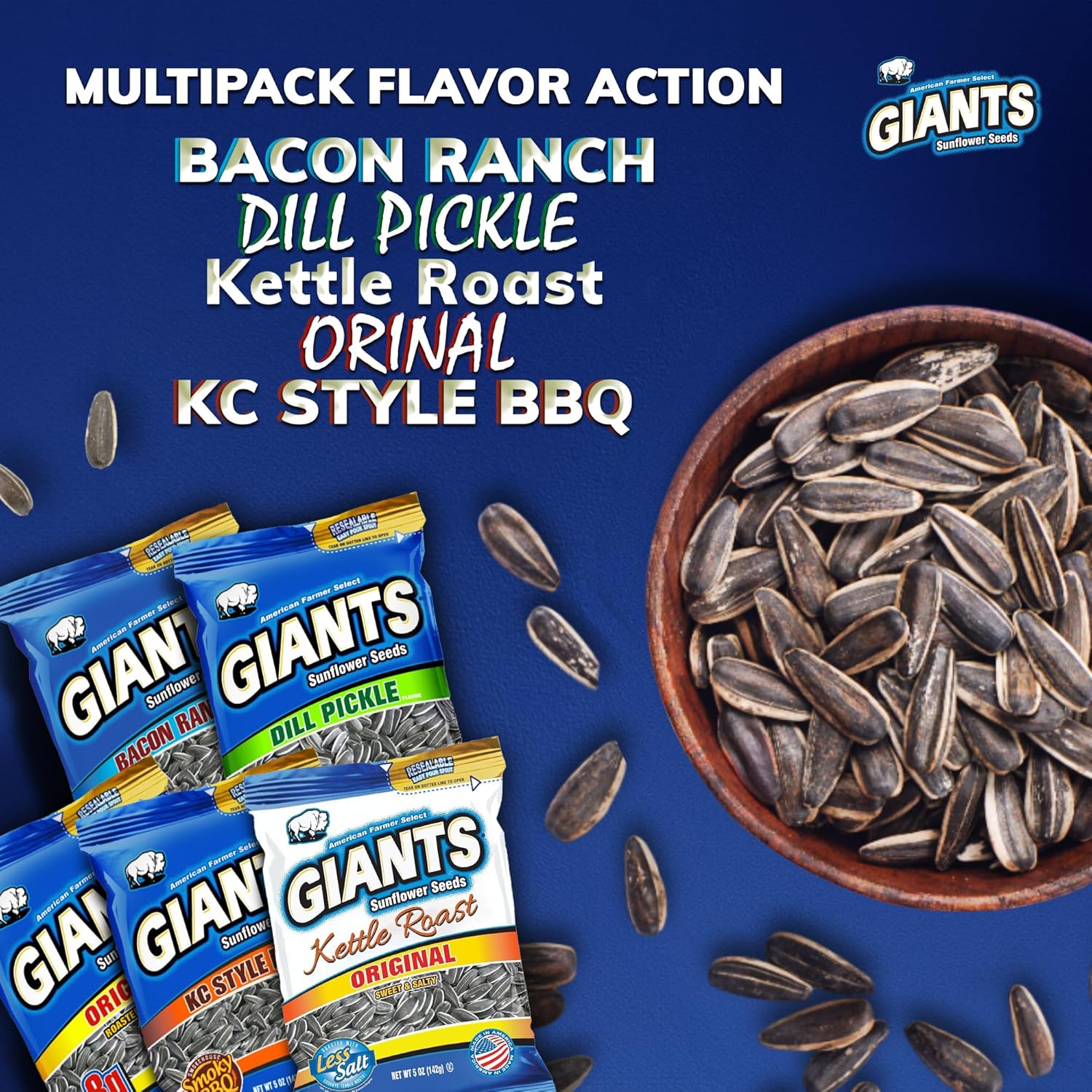 GIANTS Sunflower Seeds Variety Pack - Flavored Sunflower Seeds to Eat in Bulk, Dill Pickle, Bacon Ranch, Kettle Roast Sweet & Salty, Original, BBQ, High Protein Snack - 5 oz Bags (5 Pack)