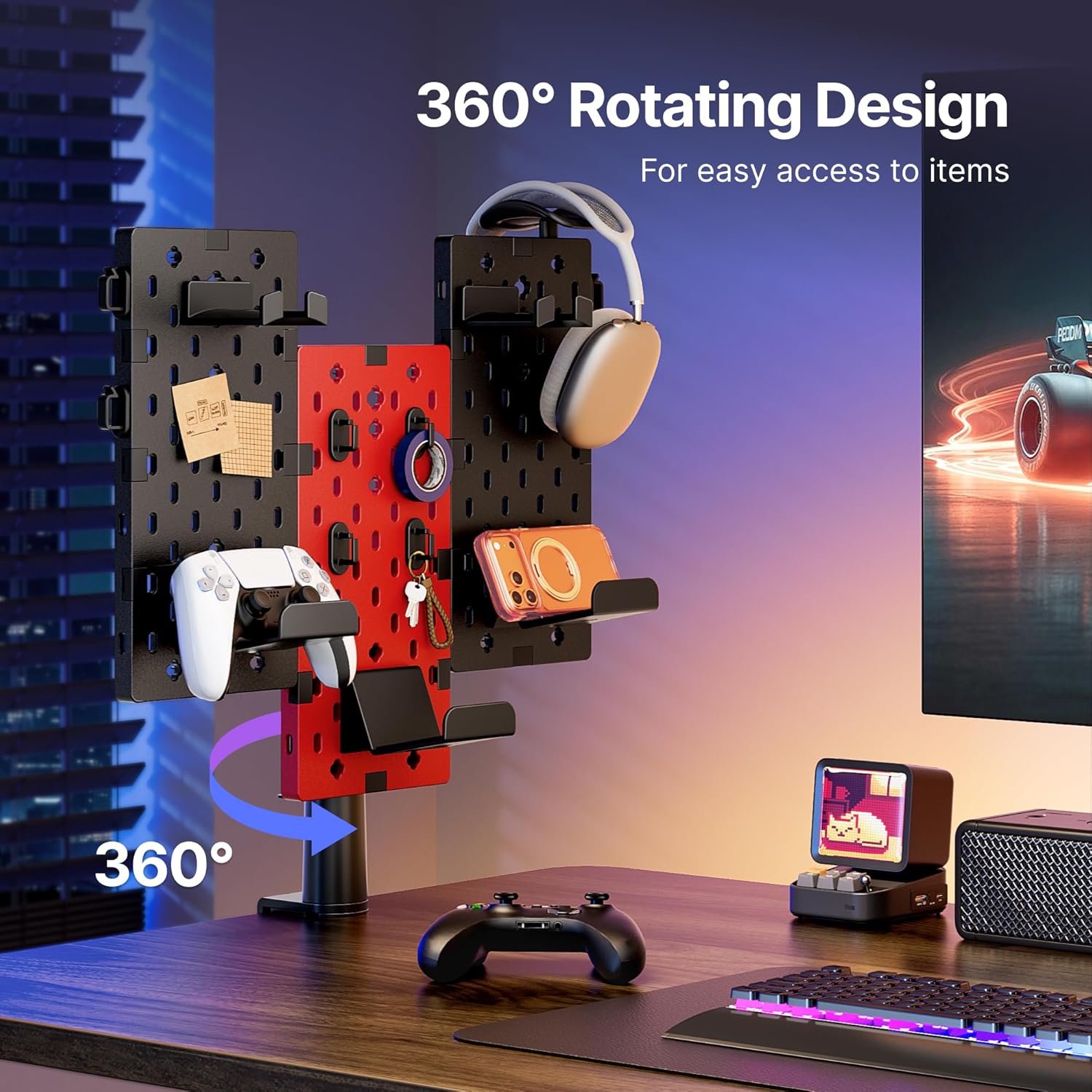81zl2ngAS5L._SL1500_ PEGZONE Modular Headphone and Controller Holder for Game, Clamp-on Pegboard, Rotatable Controller Stand with Cable Hooks, Gaming Accessory for Xbox PS5 PS4 Nintendo Switch, 3Pcs Pegboard, Red