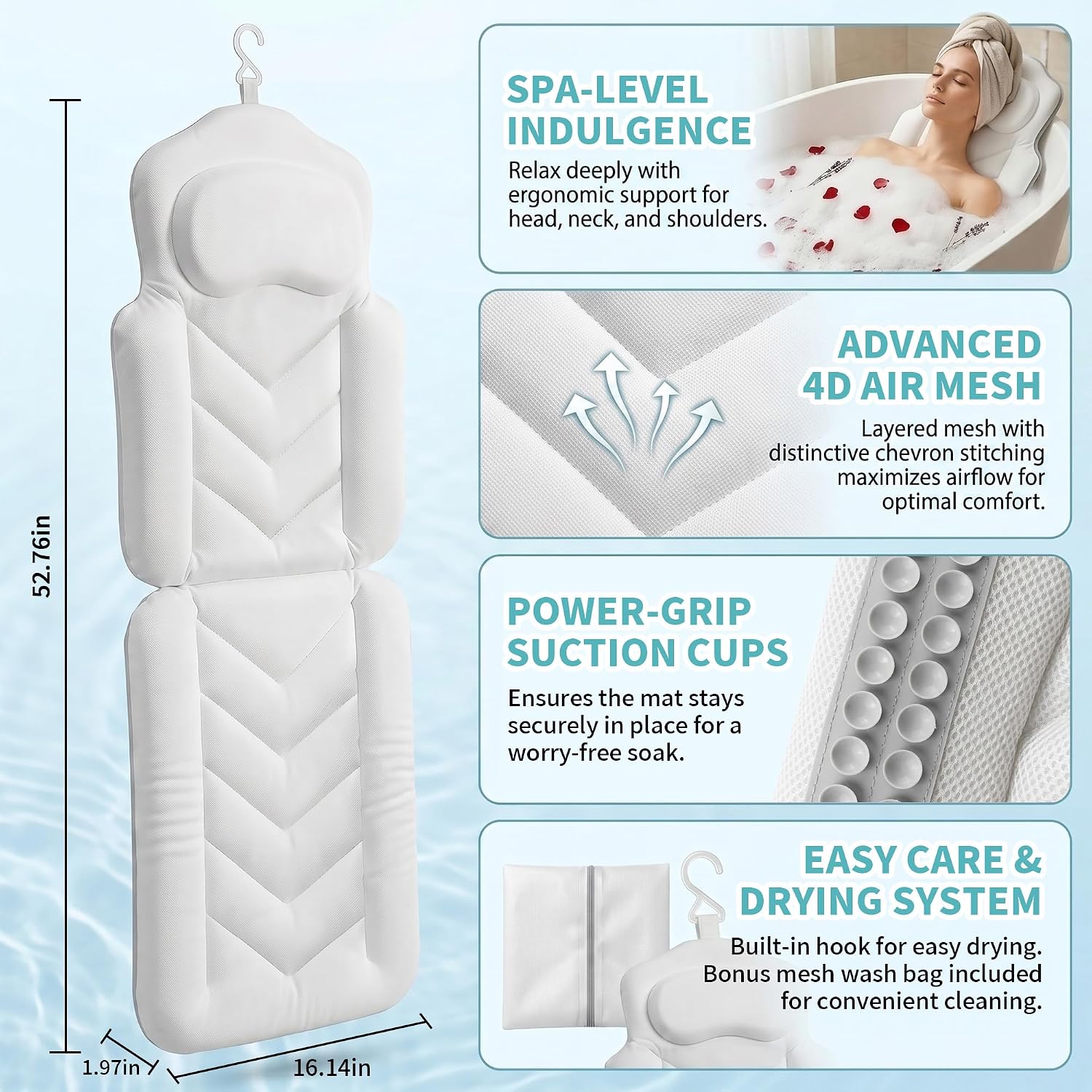 Full Body Bath Pillow for Bathtub Luxury Extra Thick Bath Cushion 6D Air Mesh Tub Pillow with Strong Suction Cups Non Slip Bathtub Pillow for Head Neck Shoulder Back and Waist Support Home Spa White