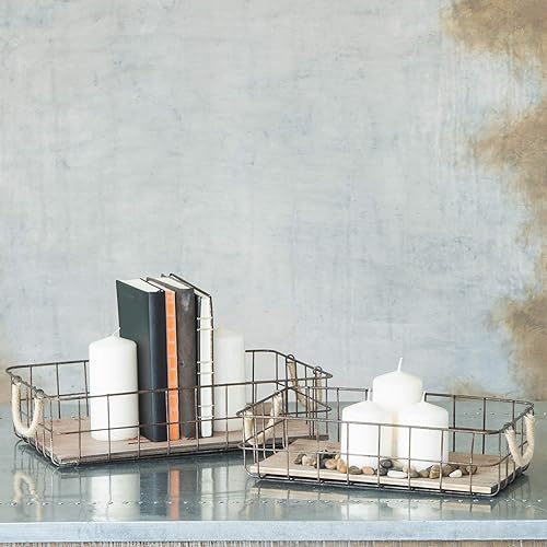 Miniatura 5 de Stonebriar Juego de 2 cestas apilables de alambre de metal y madera con asas envueltas en cuerda, decoración rústica para almacenamiento del hogar,