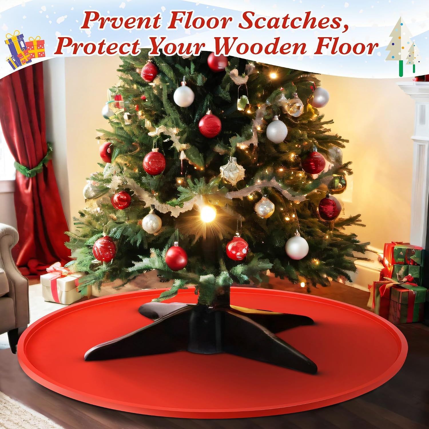 31 Inch Silicone Christmas Tree Mat, Heavy Duty Christmas Tree Floor Protector, Waterproof Under Floor Pad for Xmas Stand, Xmas Protection Mat (Red)