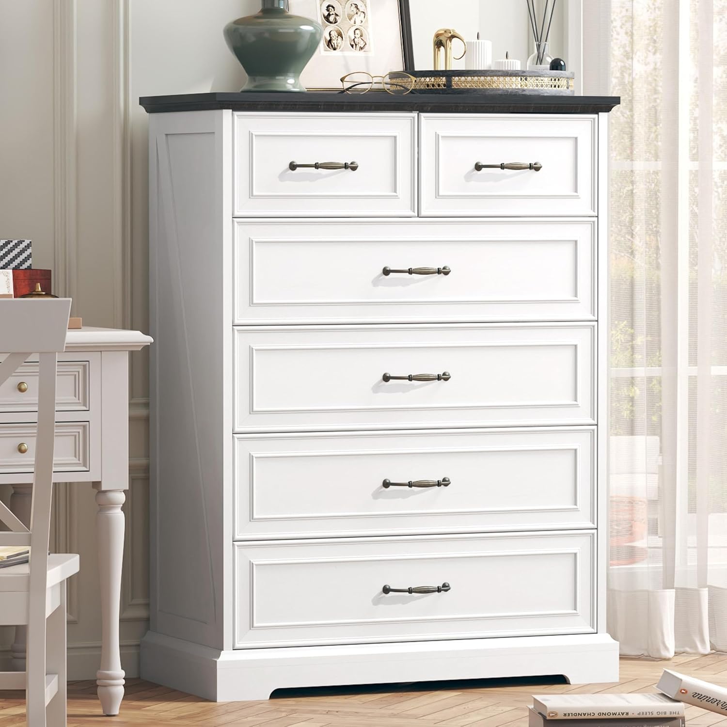 6 Drawer Dresser for Bedroom, 43" Tall Wooden Chest of Drawers, Rustic Farmhouse Dresser with Large Drawers & Metal Handles, Modern Storage Organizer for Closet, Living Room, Hallway, White