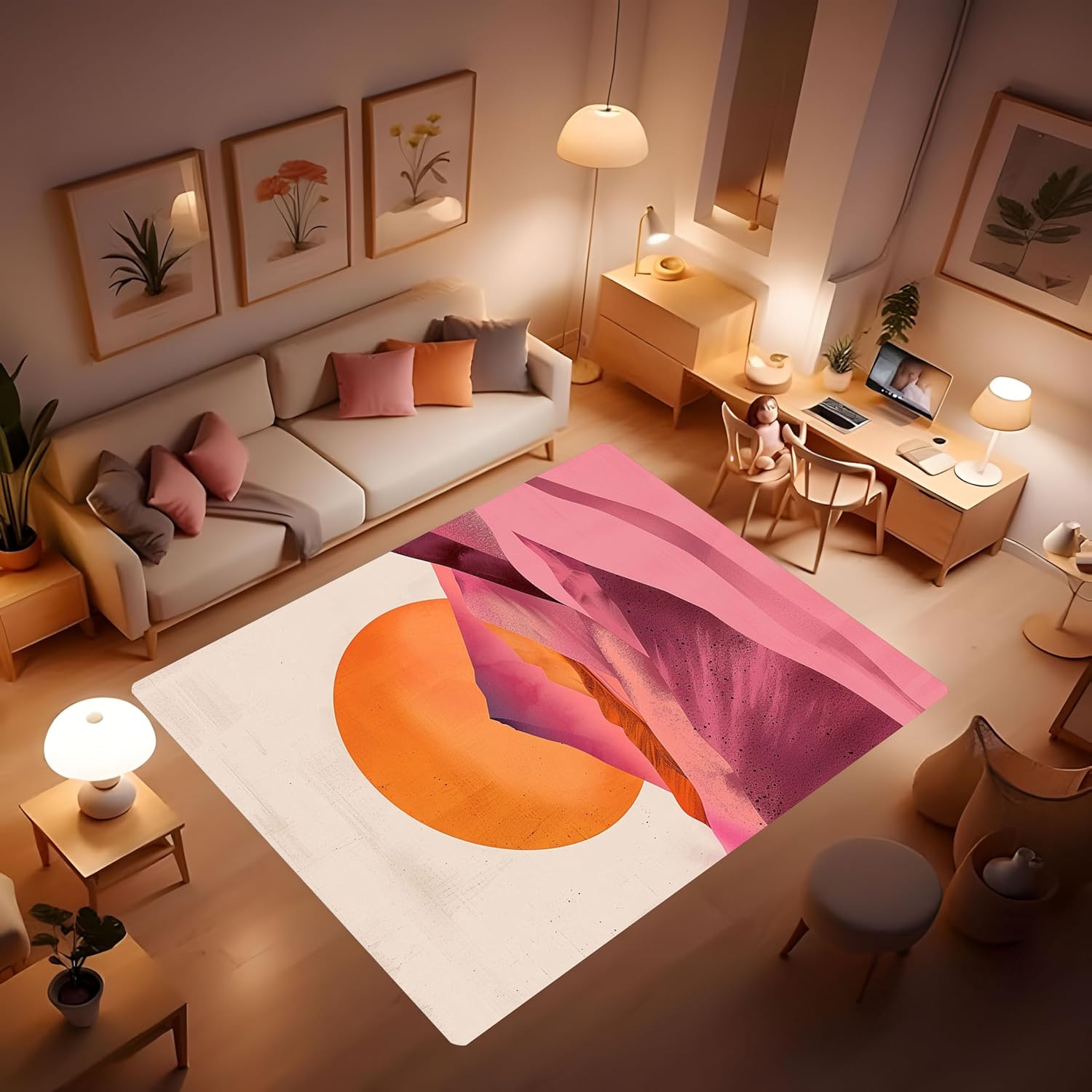 Area Washable Rugs Modern Abstract Bohemian Orange Sunset Pink Desert Dunes and Mountains Minimalist Vintage Rugs for Entry Bathroom Bedroom Kitchen Door mat Soft Rugs Non Slip Indoor 24x36inch