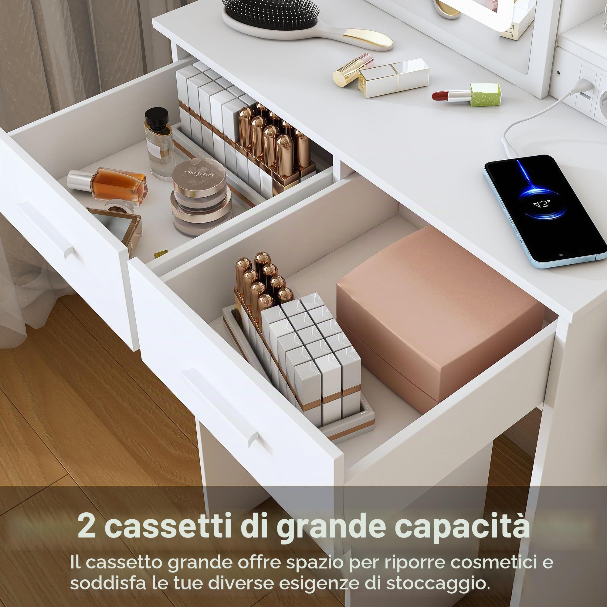 Piccolo tavolo da toeletta bianco con specchio, illuminazione a LED regolabile e presa elettrica, incluso sgabello imbottito, spazio nascosto e ripiano salvaspazio, per piccole camere da letto