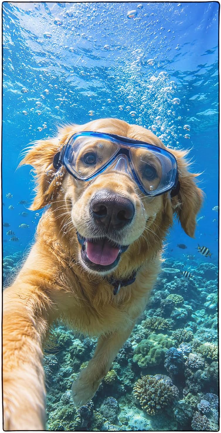 Golden Retriever Beach Towel Oversized 36"x72", Microfiber Quick Dry Sand Free Coral Tropical Fish Printed Pool Blanket, Camping Beach Vacation Travel Essential