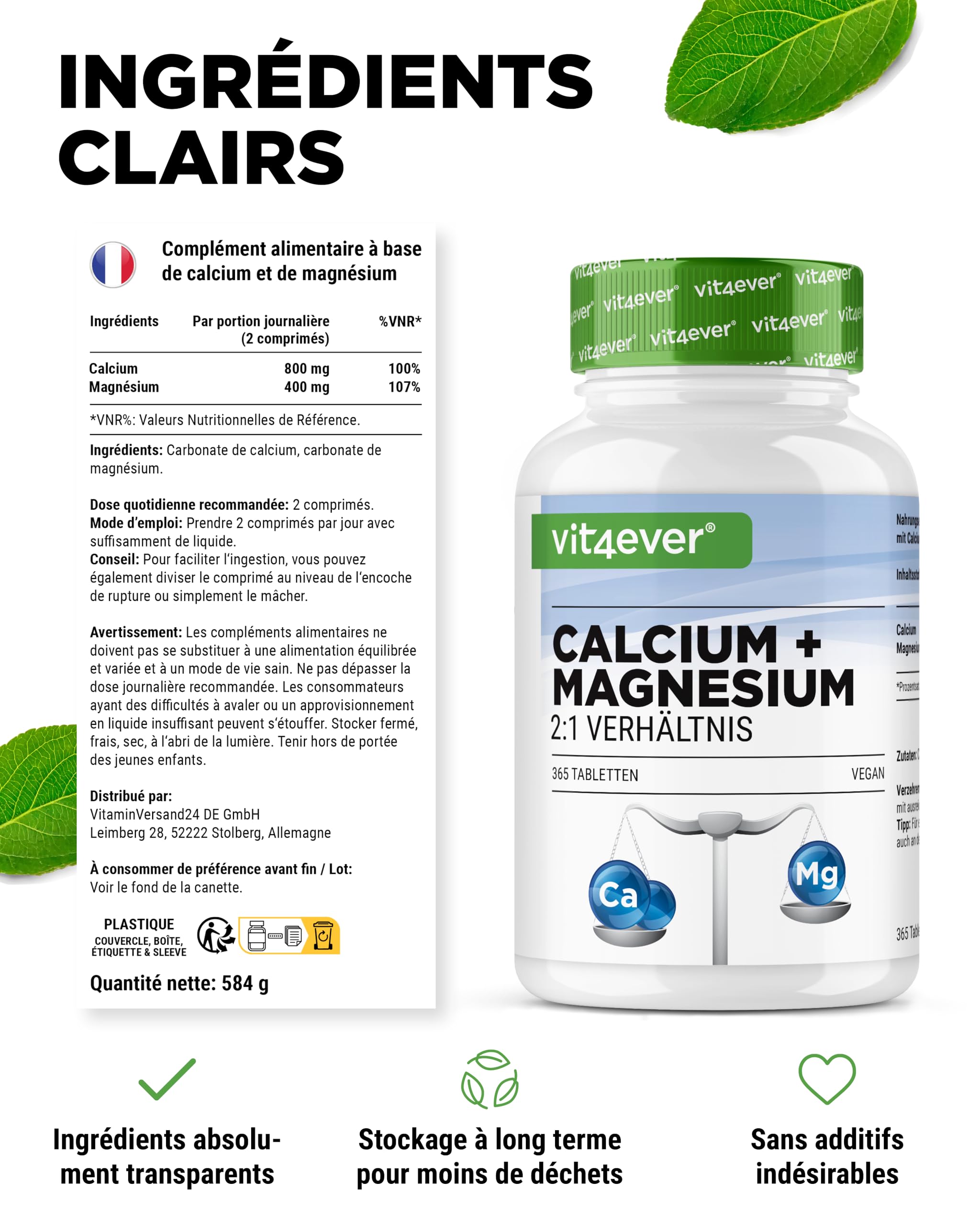 Calcium 800 mg + Magnésium 400 mg (2 comprimés) - 365 comprimés - 6 mois d'approvisionnement - Complexe de calcium + magnésium dans un rapport 2:1 - Végétalien - Fortement dosé.