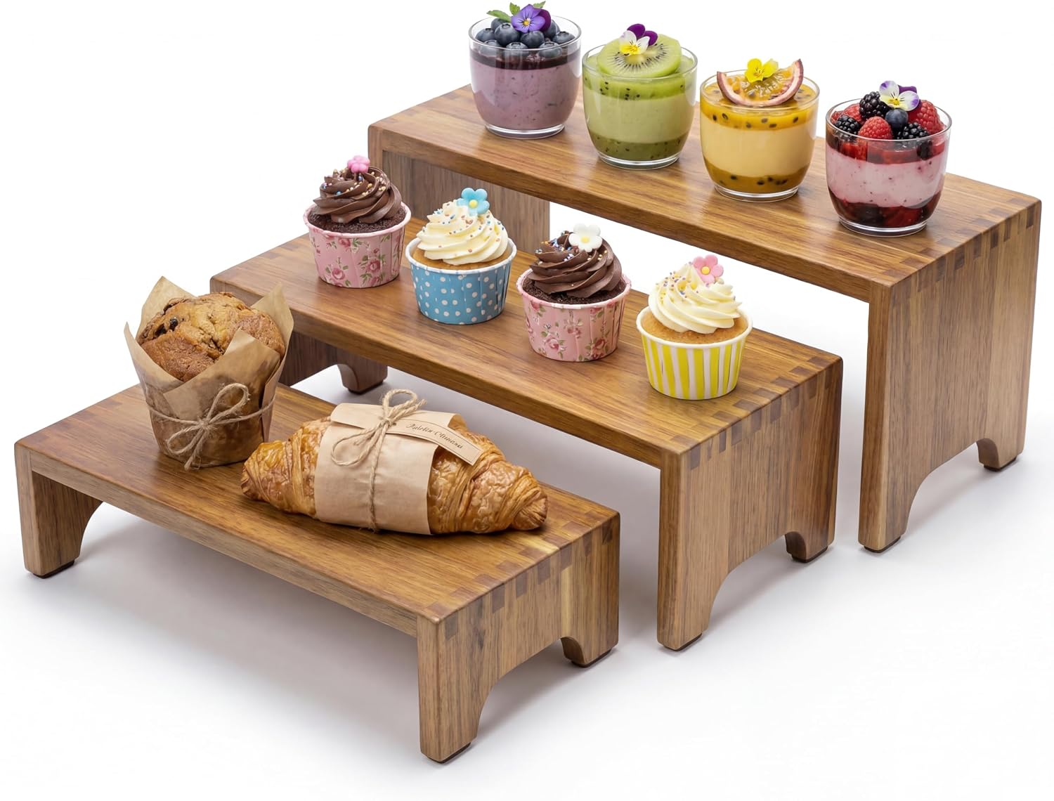 ZUJJAFY Set of 3, Acacia Wood Risers Display Stands, Cupcake Stand Decorative Display Risers for Food Desserts, Tiered Wooden Riser Display Stands for Vendor Events, Party, Wedding