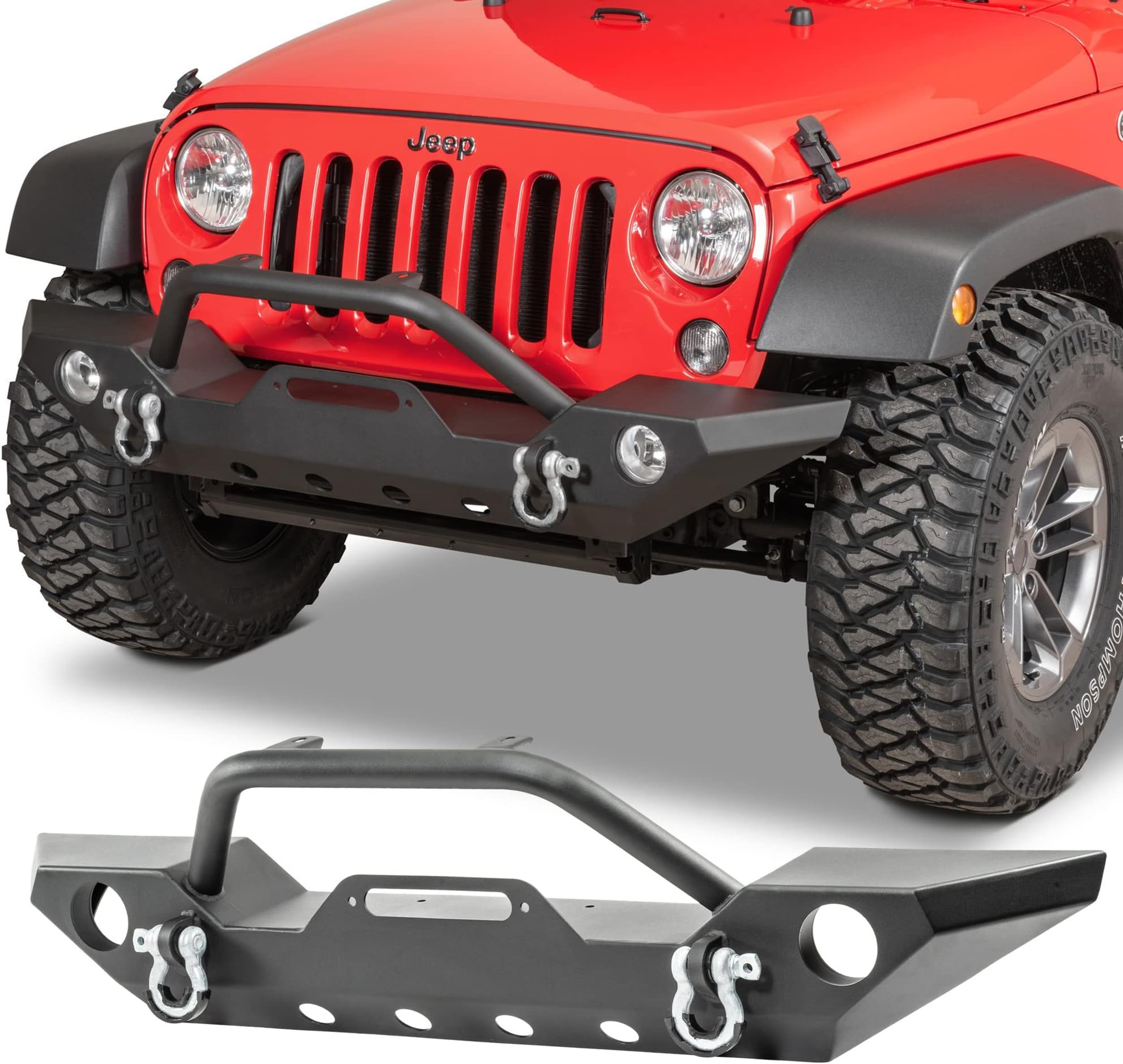 TACTIK Heavy Duty Steel Front Bumper with D-Rings and Winch Plate - Fits Jeep Wrangler JK 2007-2018 2-Door and Unlimited 4-Door - Bolt On-Auxiliary Light Mounts - Black Powder Coat Finish - Tow Ready