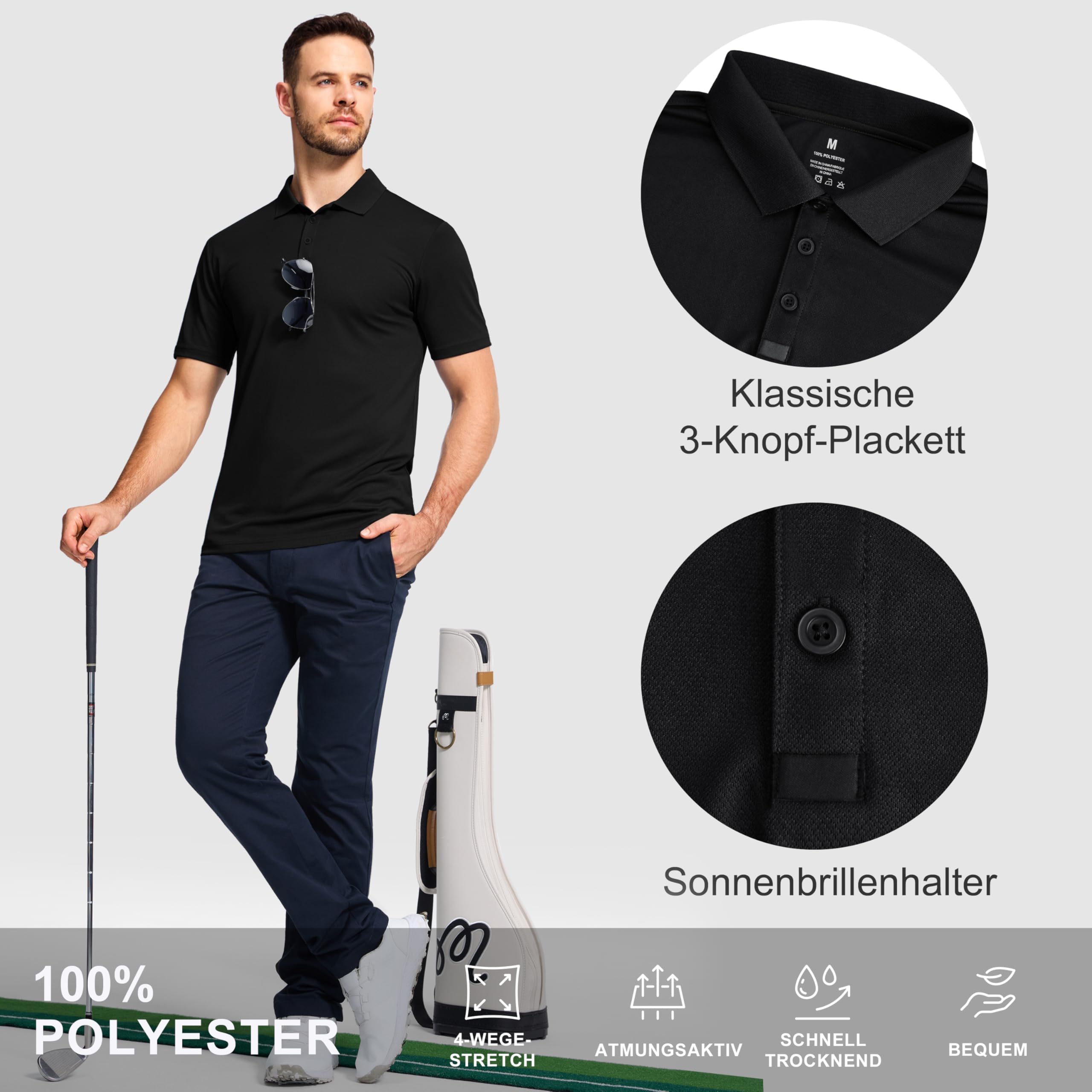 Confezione da 3 polo da uomo a maniche corte, traspirante, leggera, da golf, tennis, estiva, ad asciugatura rapida