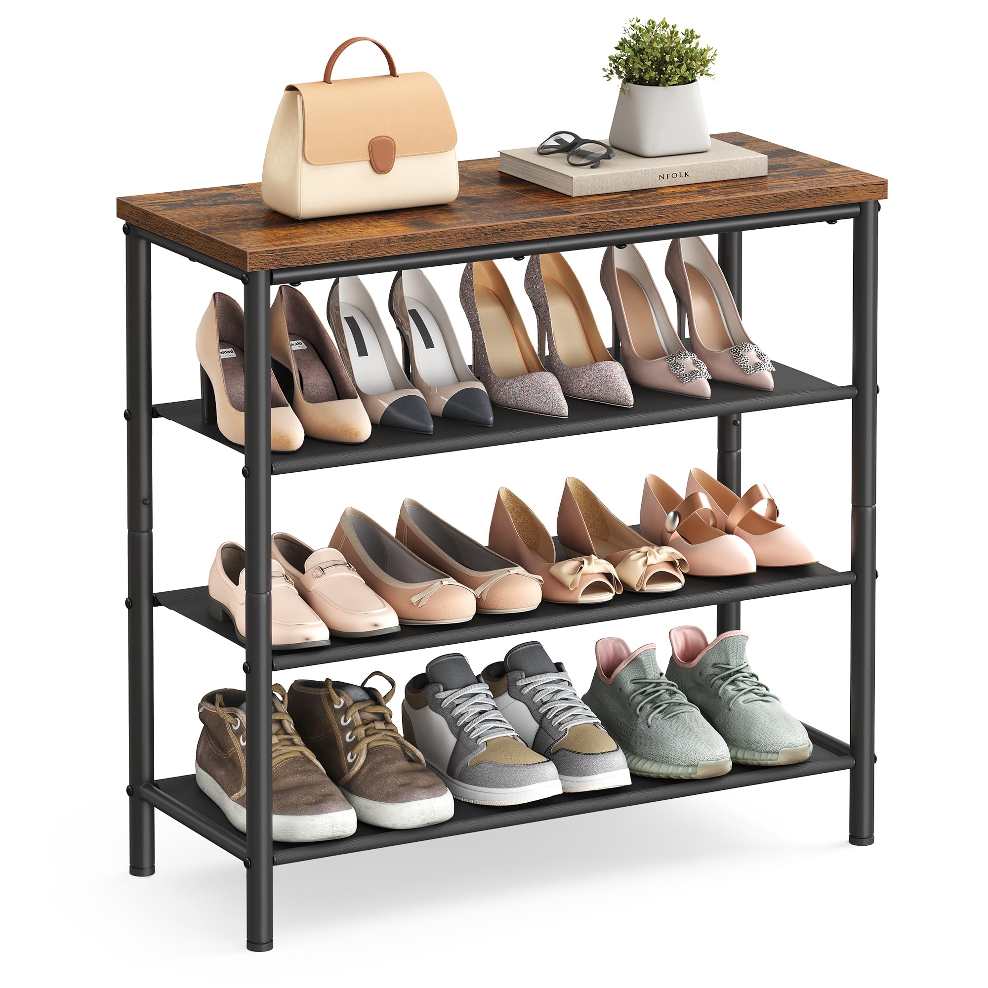 VASAGLE Shoe Rack 4 Tier, Narrow Shoe Storage Organiser, with 3 Fabric Shelves and Top for Bags, Steel Frame, for Entryway, Closet, Industrial, Rustic Brown and Black LBS035B01