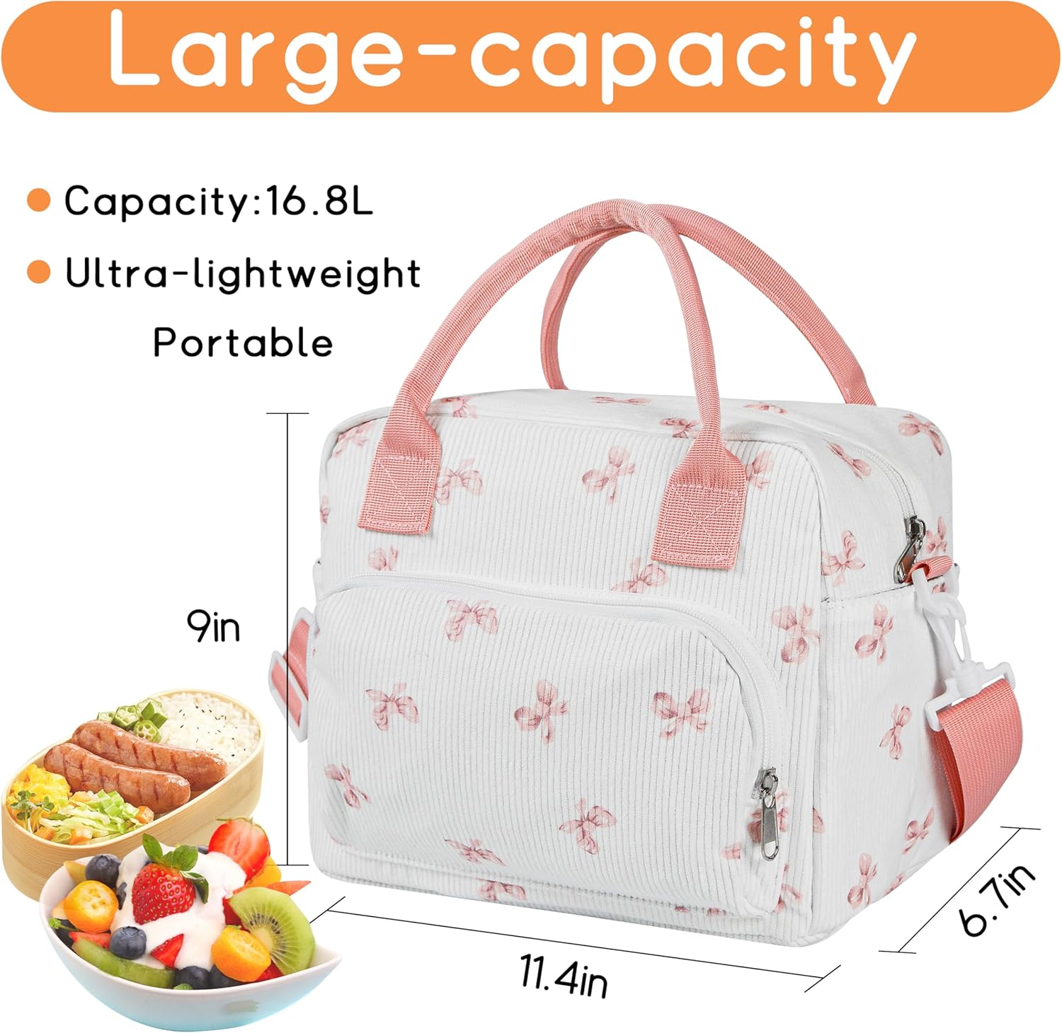 Lunch Bag for Women Insulated Lunch Box Cute Corduroy Lunch Tote Bags Reusable Large Capacity Cooler Bag with Adjustable Shoulder Strap for Travel Work Picnic - Image 2