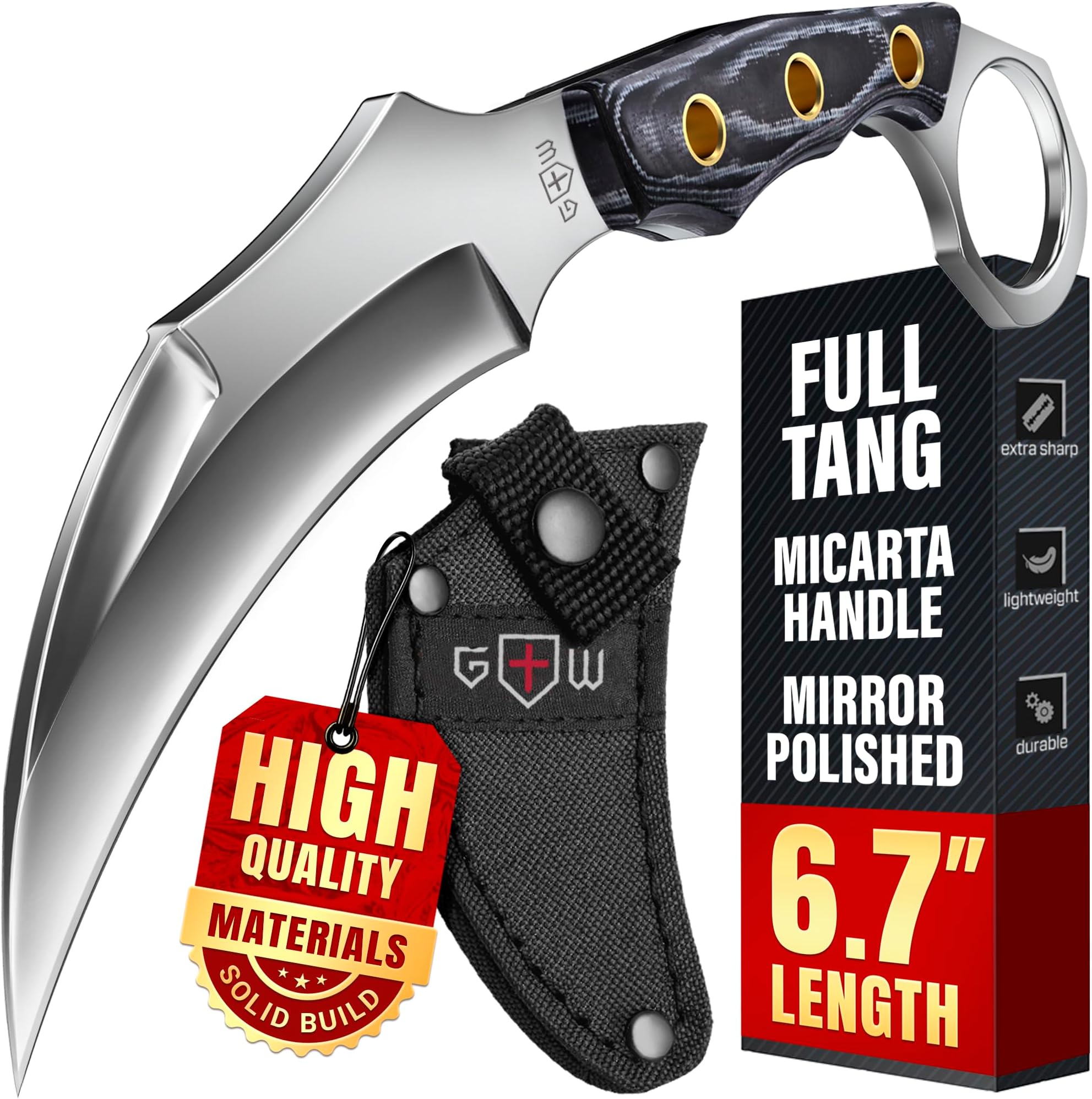 6.7'' Tactical Knife with Sheath - Micarta Handle - 3.15'' Fixed Mirror Polished Blade - Sharp Tiger Claw4 40C Steel Blade - Small Knives for Camping Hunting Survival EDC for Men and Women 2534
