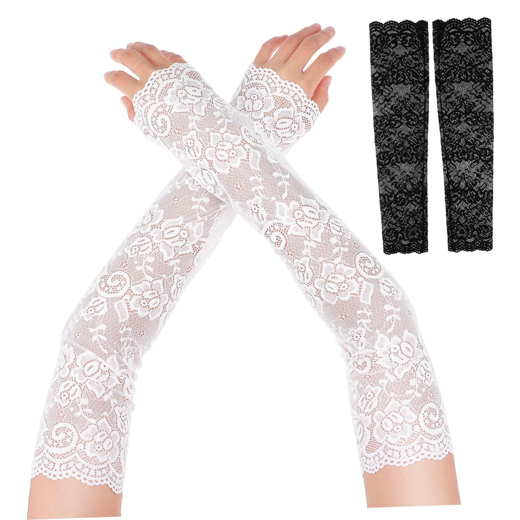 Cabilock 2 Pairs Women's Lace Gloves Long Elbow Length Sleeves Floral Pattern Arm Covers for Wedding Tea Party Bridal Elegant Arm Warmer