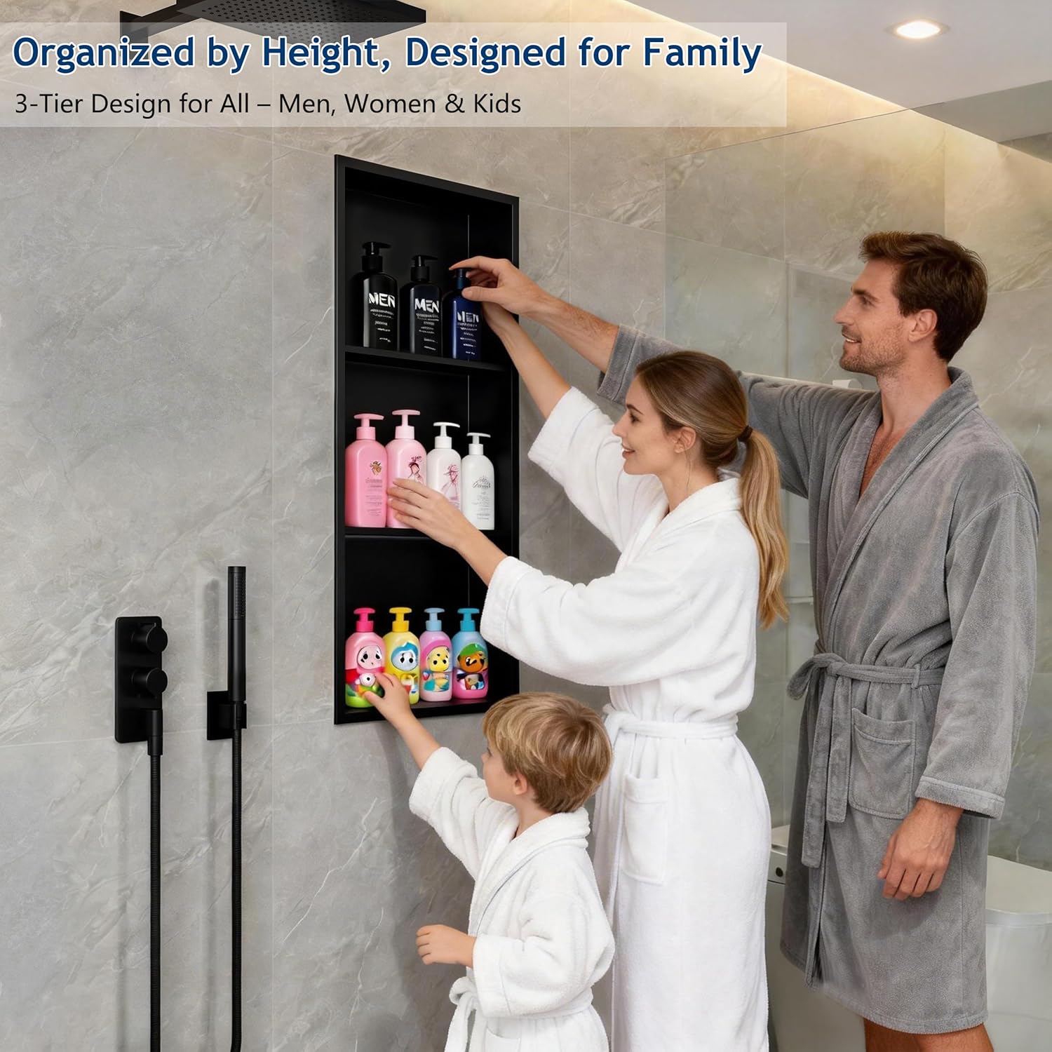 3-Tier Stainless Steel Shower Niche - Waterproof Recessed Wall Cabinet with Shelves, No Tile Needed, Easy Installation (Matte Black, 14x36 Inch)