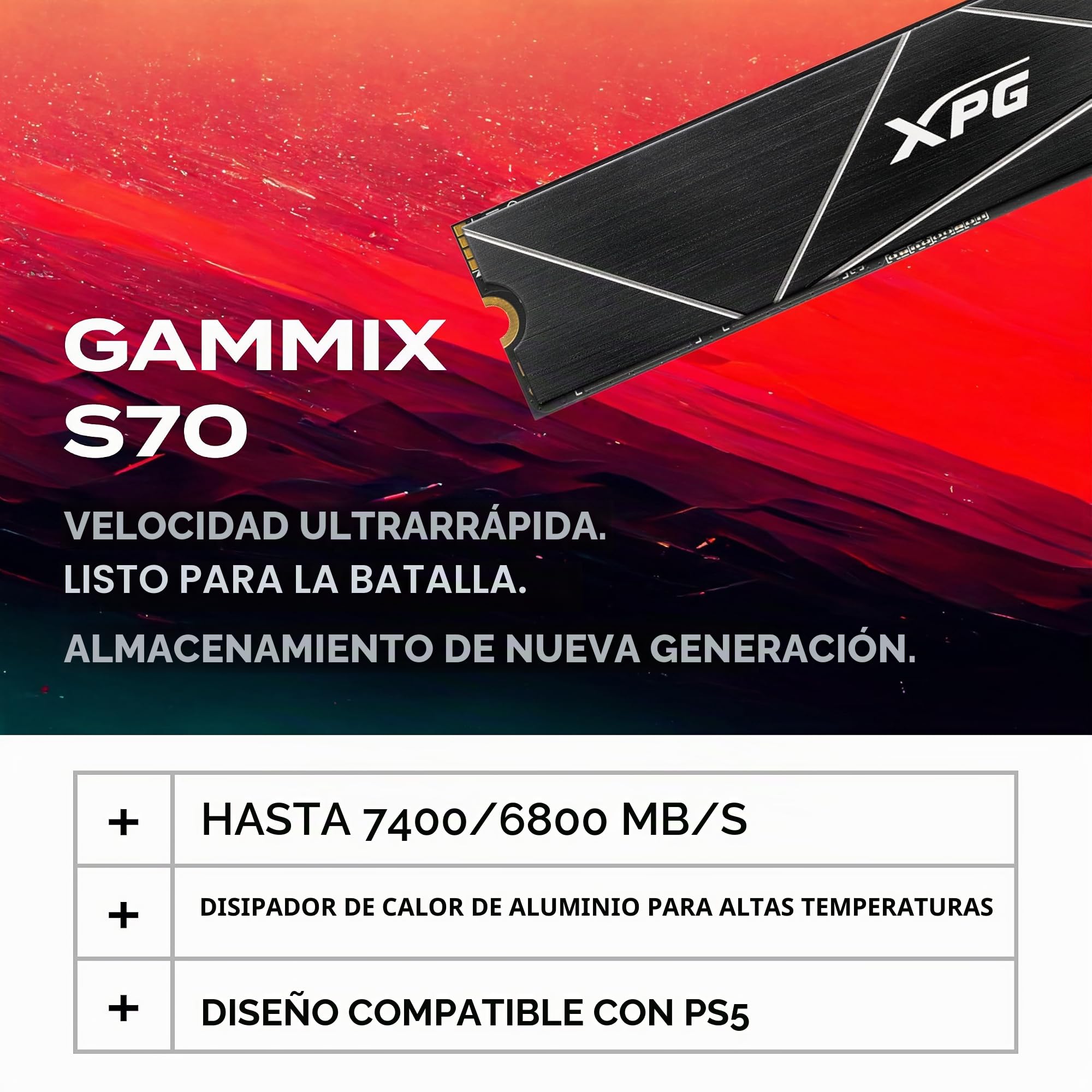 ADATA Unidad de Estado sólido XPG GAMMIX S70 Blade 2 TBPCIe Gen4x4 M.2 2280 High-End-Gaming, Black