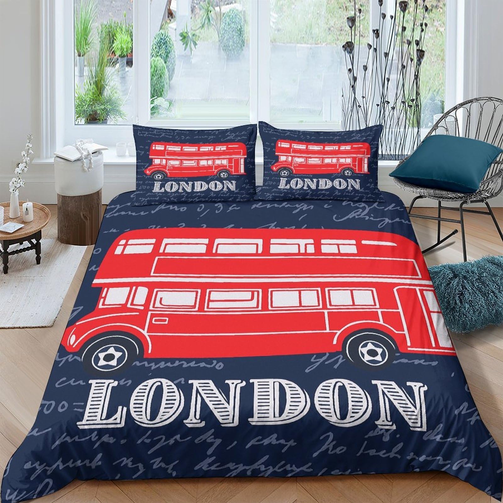 Ctjqhvkz Style-3 3D Printed Red London Bus Fitted Sheet Microfiber Bedroom Decor City Landmark Bed Cover For Adults Teens Single（135X200cm）
