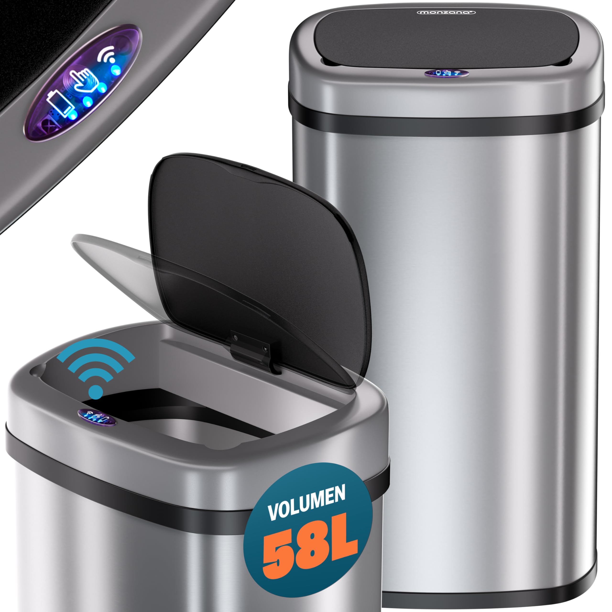 Monzana® Cubo de Basura Cocina con Sensor 58 L Acero Inoxidable Tapa Automática Extraíble Anillo Seguridad Indicador LED Cable USB Casa Oficina Plata