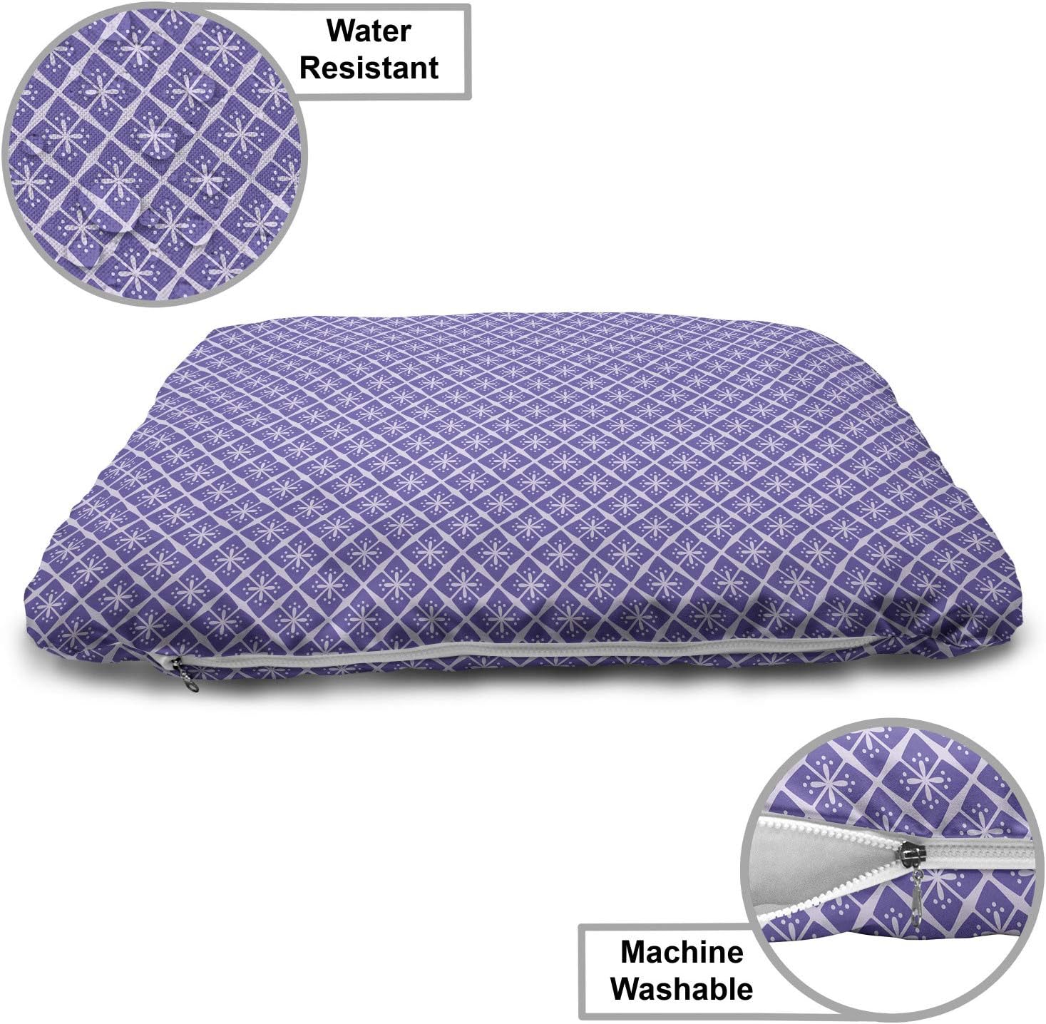 review Lunarable Abstract Pet Bed, Diagonally Designed Squares with Four Side Blooms Violet Tones, Chew Resistant Pad for Dogs and Cats Cushion with Removable Cover, 24